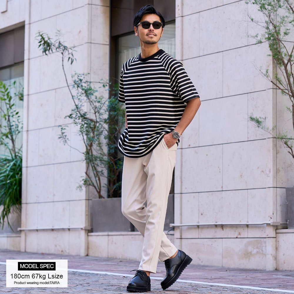 CavariA クルーネック ボーダースピンドル半袖Tシャツ シルバーバレット トップス カットソー・Tシャツ ブラック