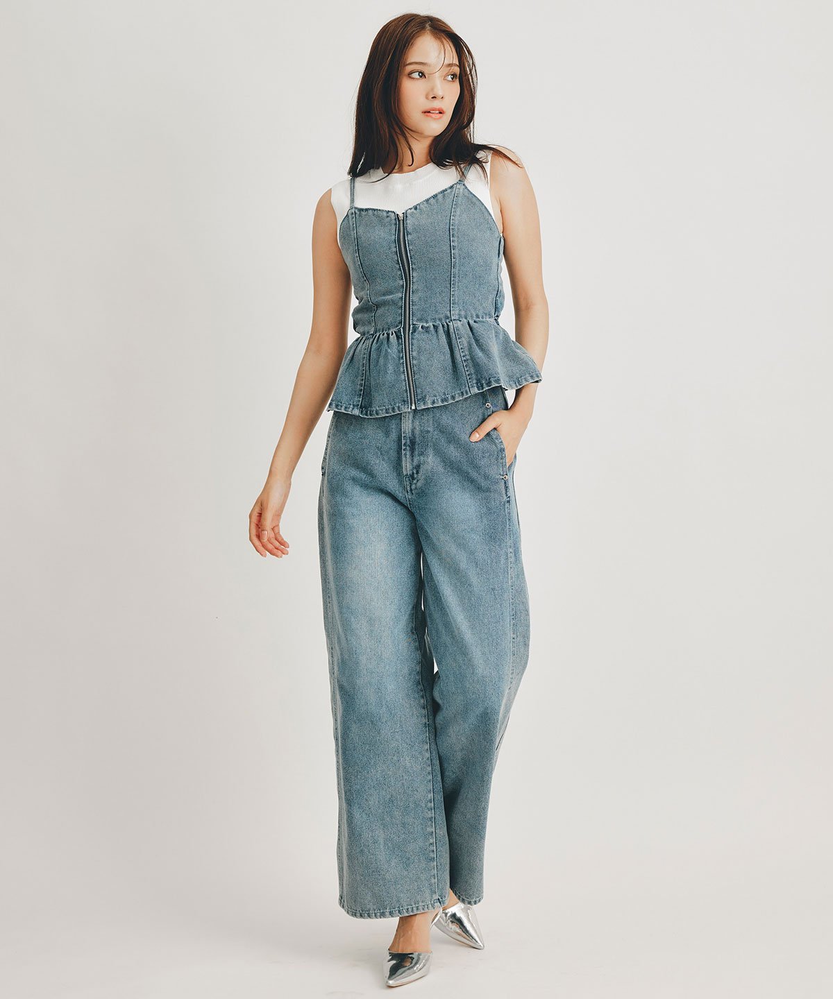 REDYAZEL 【Vintage Denim Series】ヴィンテージウォッシュバックレースアップデニムビスチェ レディアゼル トップス ノースリーブ・タンクトップ ネイビー ブルー