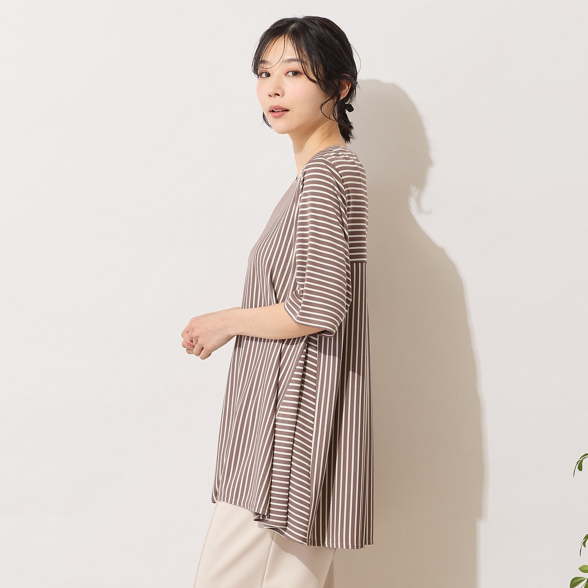 PISANO 【手洗いOK・接触冷感】切り替えボーダーカットソー ピサーノ トップス カットソー・Tシャツ ブラウン ホワイト