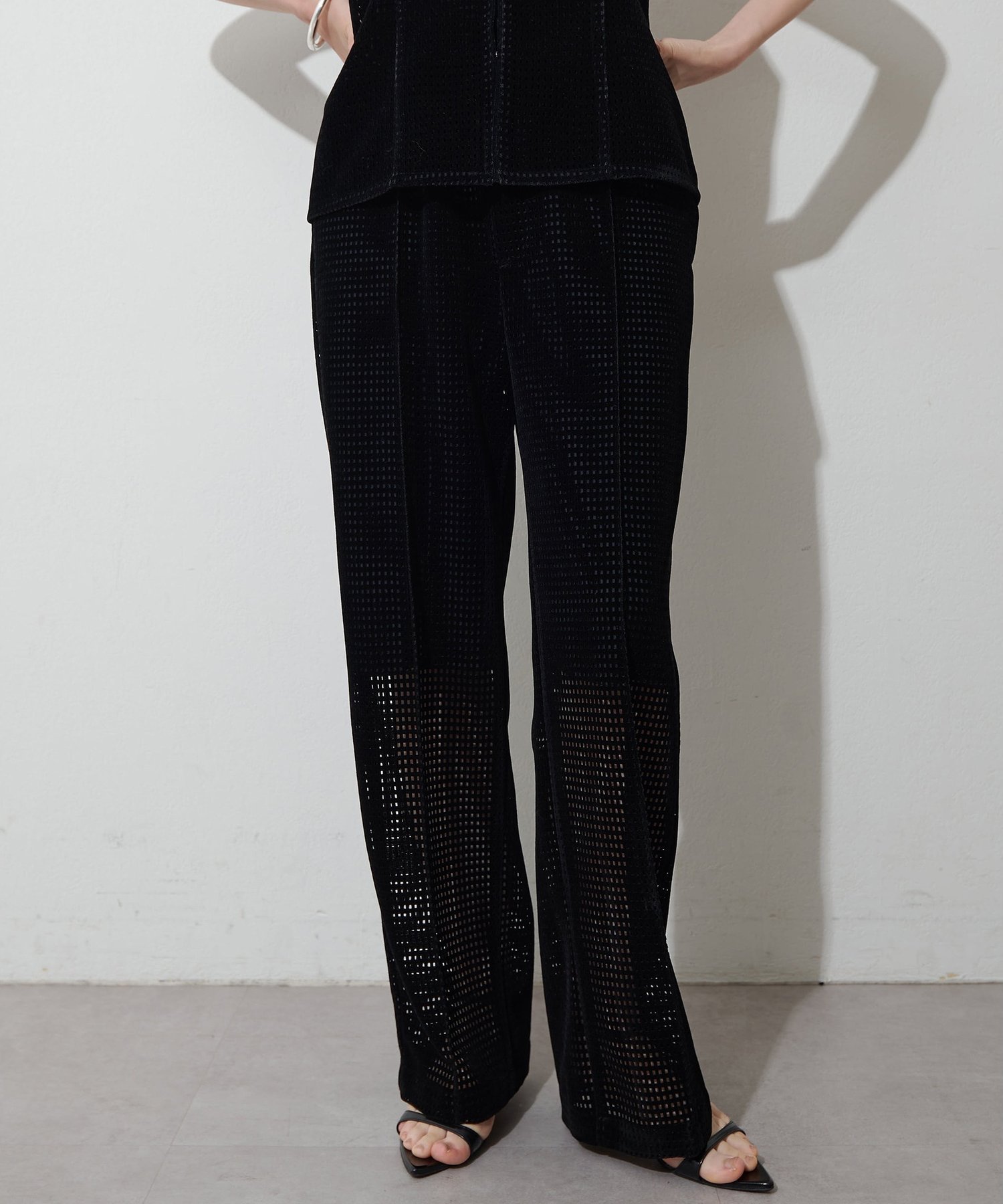 Whim Gazette 【Drawing Numbers】フロッキーラッセルメッシュパンツ ウィム ガゼット パンツ その他のパンツ ブラック