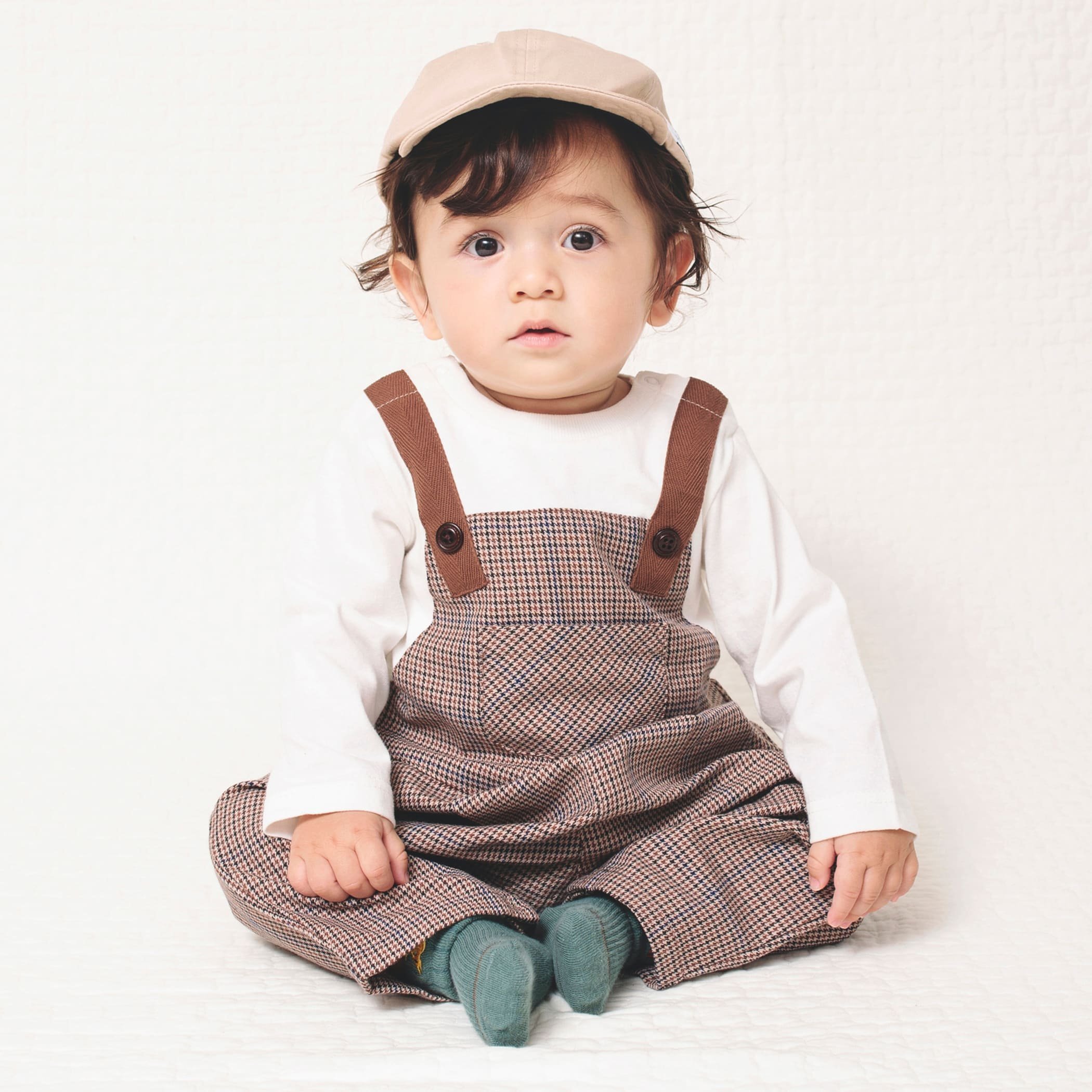 branshes 【ペア】ガンクラブチェック柄サロペット重ね着風カバーオール ブランシェス マタニティウェア・ベビー用品 ロンパース・カバーオール ブラウン グレーのサムネイル