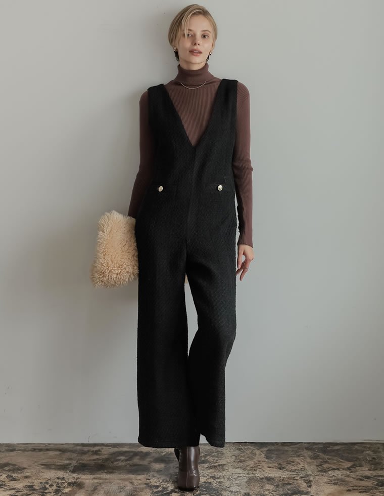 Re:EDIT ツイード深Vネック金ボタンサロペット リエディ オールインワン・オーバーオール オールインワン・つなぎ ブラック【送料無料】 stylife-14896072 Rakuten Fashion サンプル画像3
