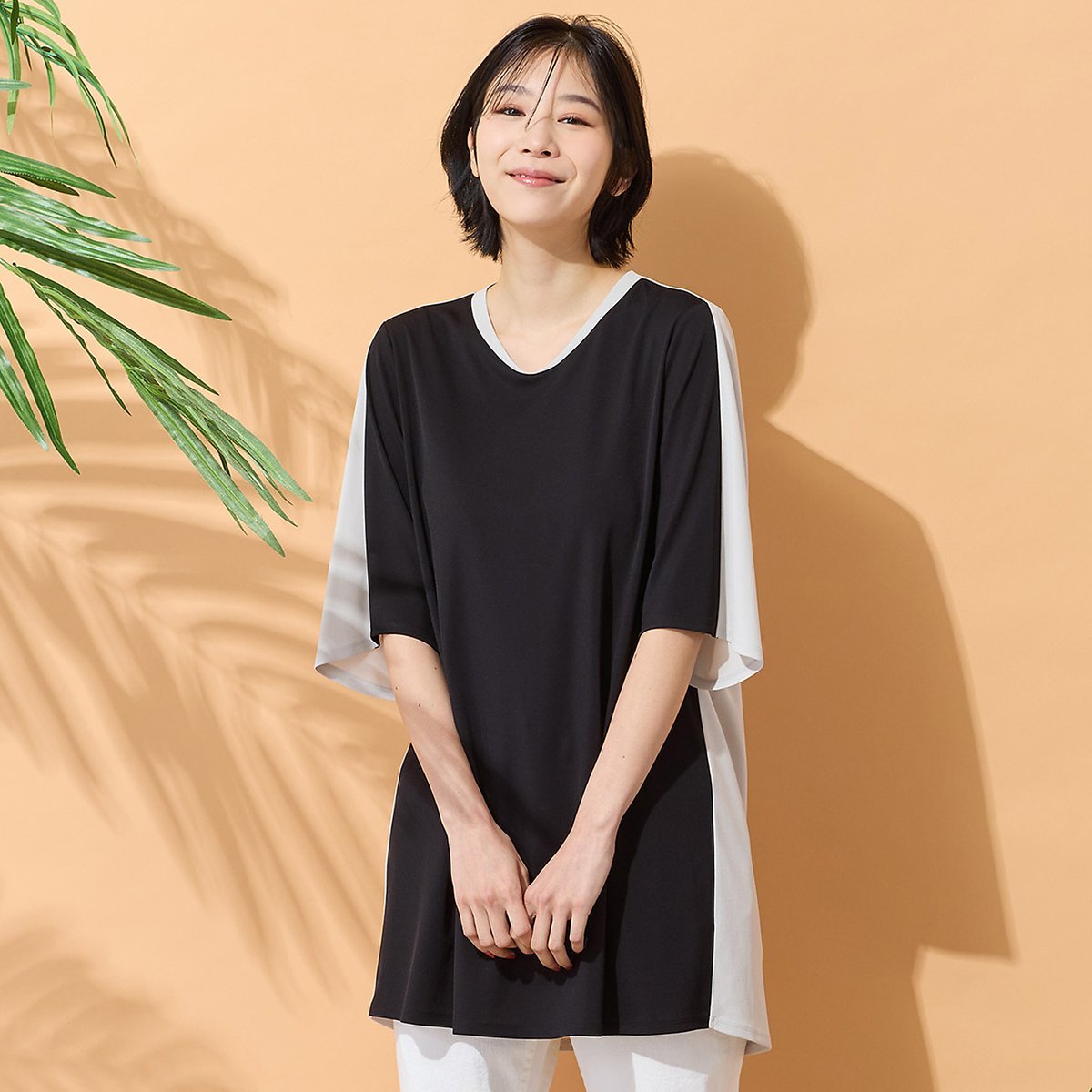 PISANO 【手洗いOK・接触冷感】バイカラー切り替えVネックチュニック ピサーノ トップス カットソー・Tシャツ ブルー ブラック