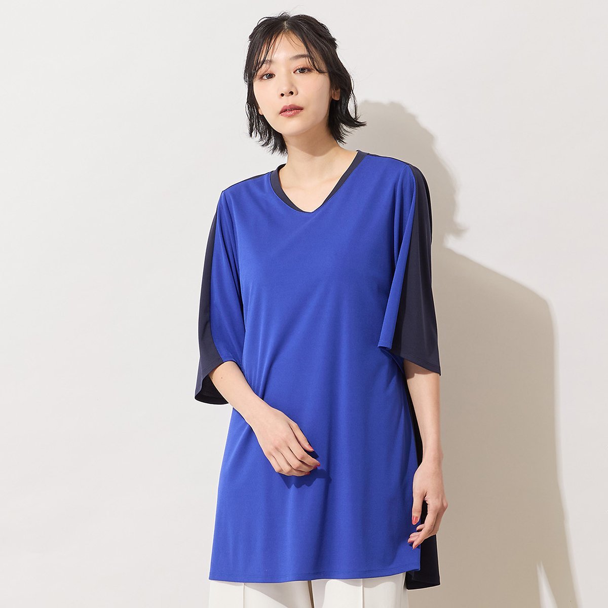 PISANO 【手洗いOK・接触冷感】バイカラー切り替えVネックチュニック ピサーノ トップス カットソー・Tシャツ ブルー ブラック
