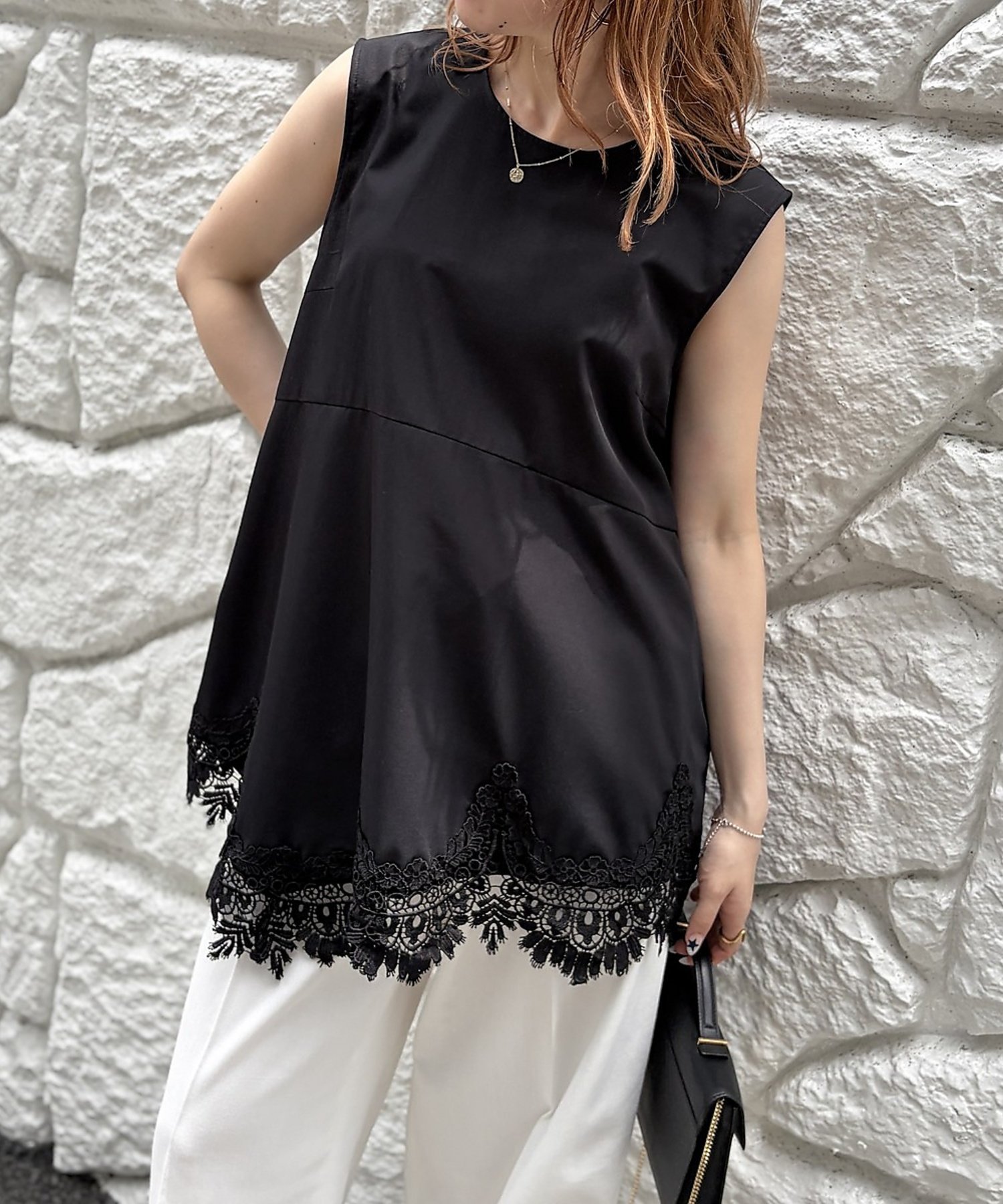 Rouge vif la cle ランダムヘム裾レースノースリーブブラウス ルージュ・ヴィフ ラクレ トップス シャツ・ブラウス ブラック ホワイト