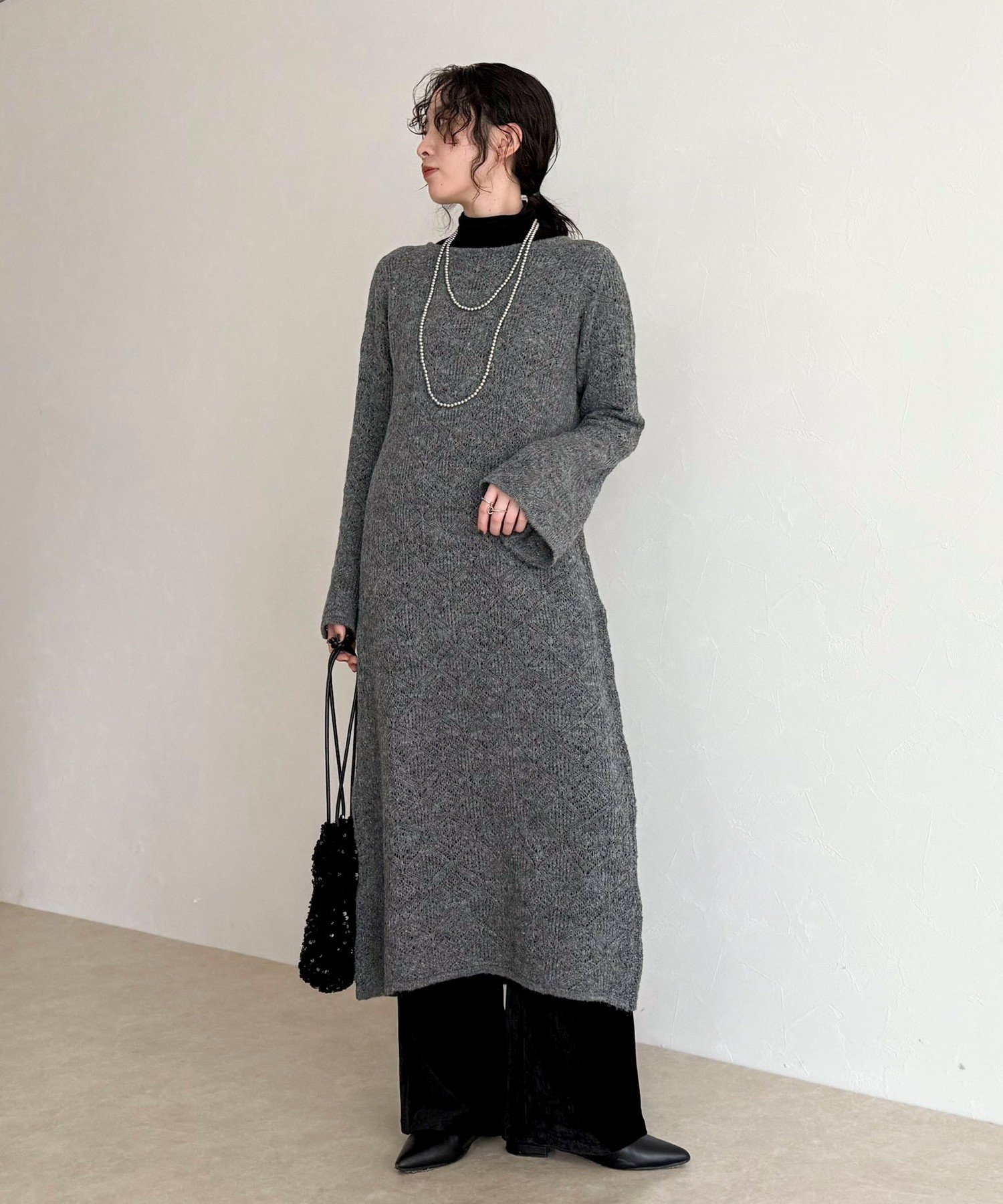 fredy emue モヘヤ混透かし柄ベルスリーブワンピース フレディ アンド グロスター ワンピース・ドレス ワンピース レッド グレー ホワイト【送料無料】