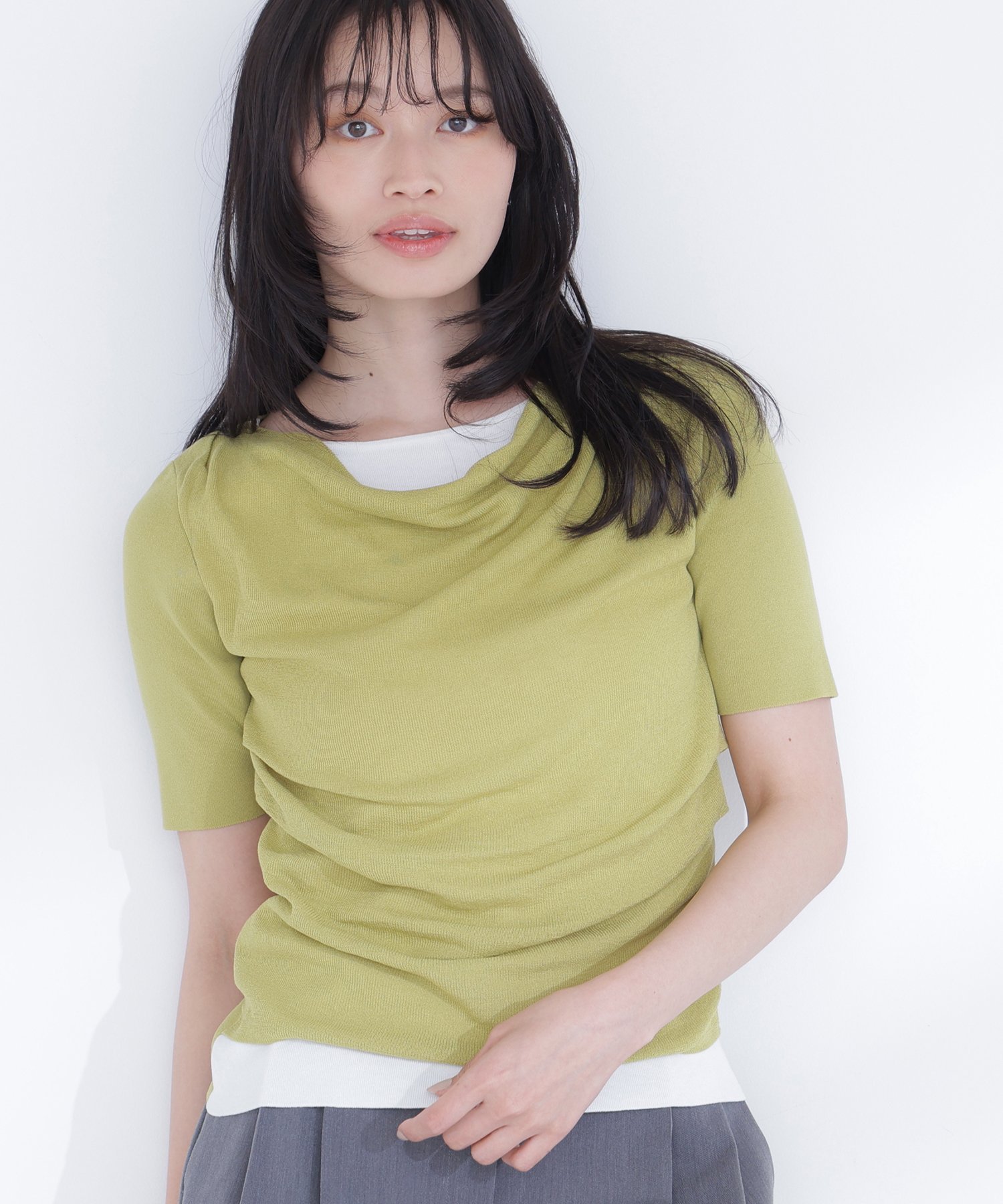 NATURAL BEAUTY BASIC ドレープレイヤードライクニット ナチュラルビューティベーシック トップス ニット グレー ベージュ