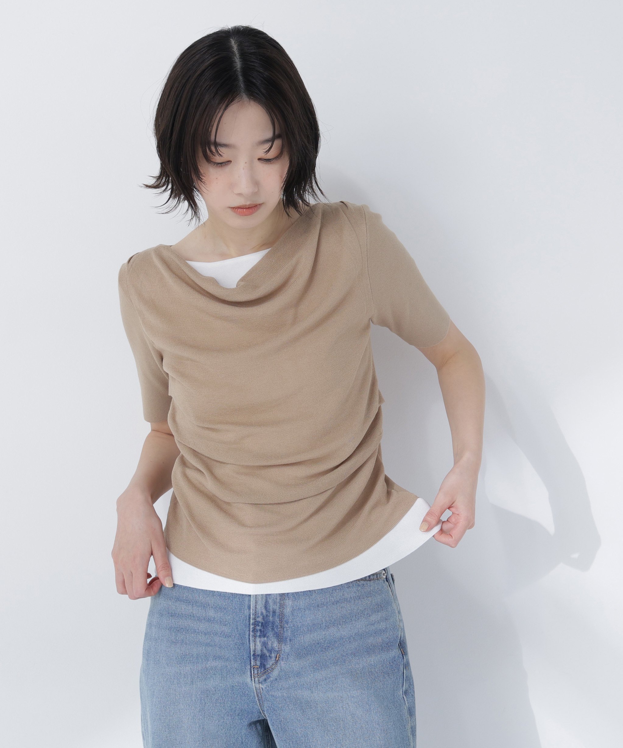 NATURAL BEAUTY BASIC ドレープレイヤードライクニット ナチュラルビューティベーシック トップス ニット グレー ベージュ