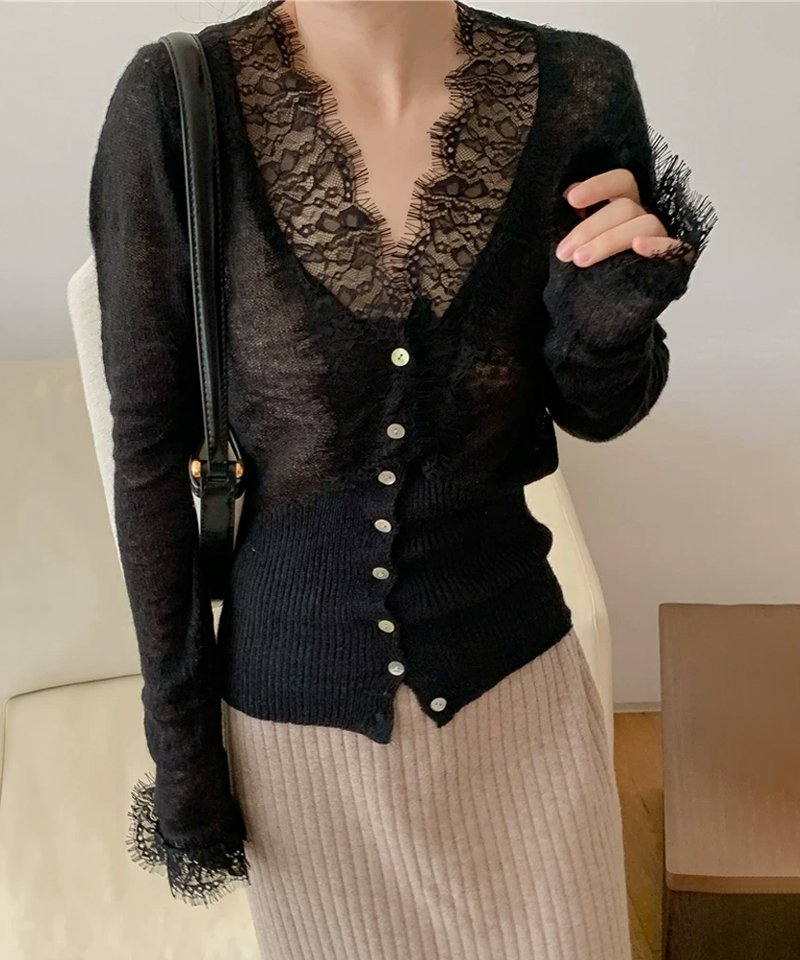 【SALE／24%OFF】COCOMOMO 【繊細レース*シアー感】シアーレースカーディガン シアーカーディガン レース ココモモ トップス カーディガン ブラウン ブラック ホワイト イエロー パープル ピンク オレンジ