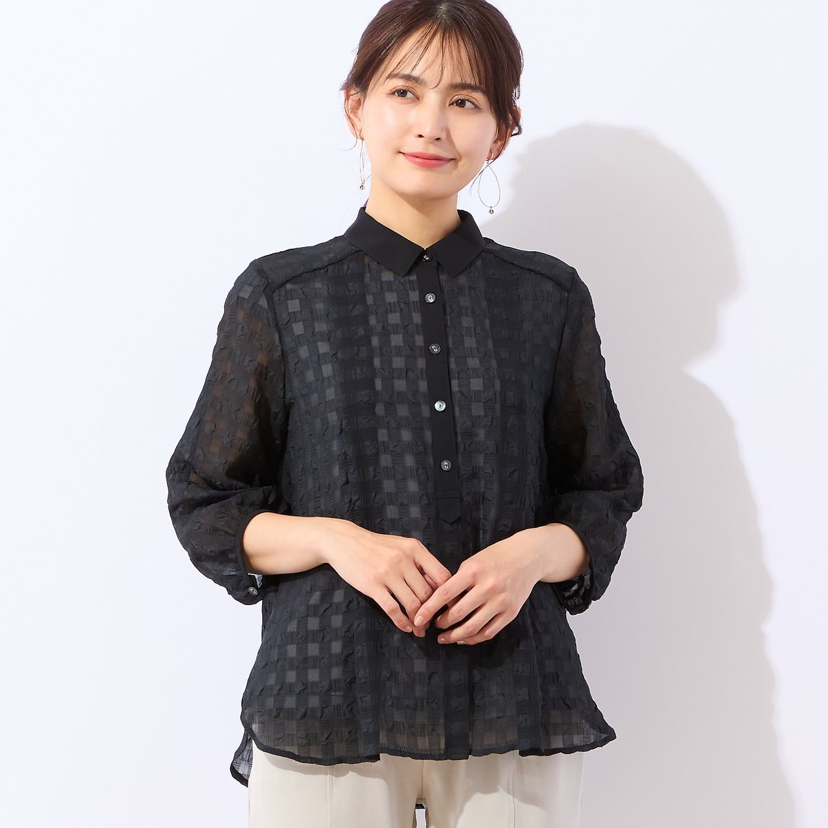 LOBJIE 【洗える】シアーギンガムチェックシャツ ロブジェ トップス シャツ・ブラウス ブラウン ブラック