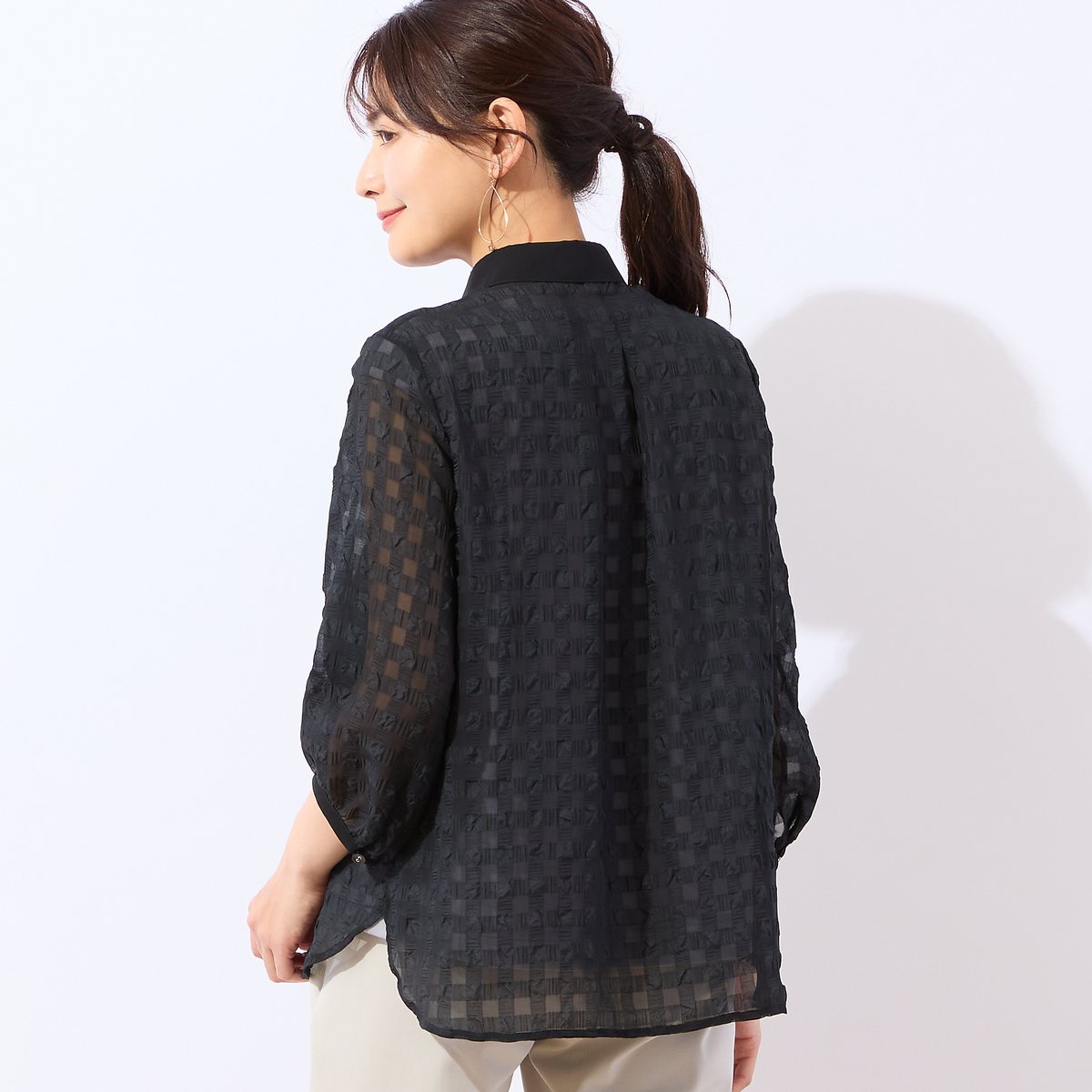 LOBJIE 【洗える】シアーギンガムチェックシャツ ロブジェ トップス シャツ・ブラウス ブラウン ブラック