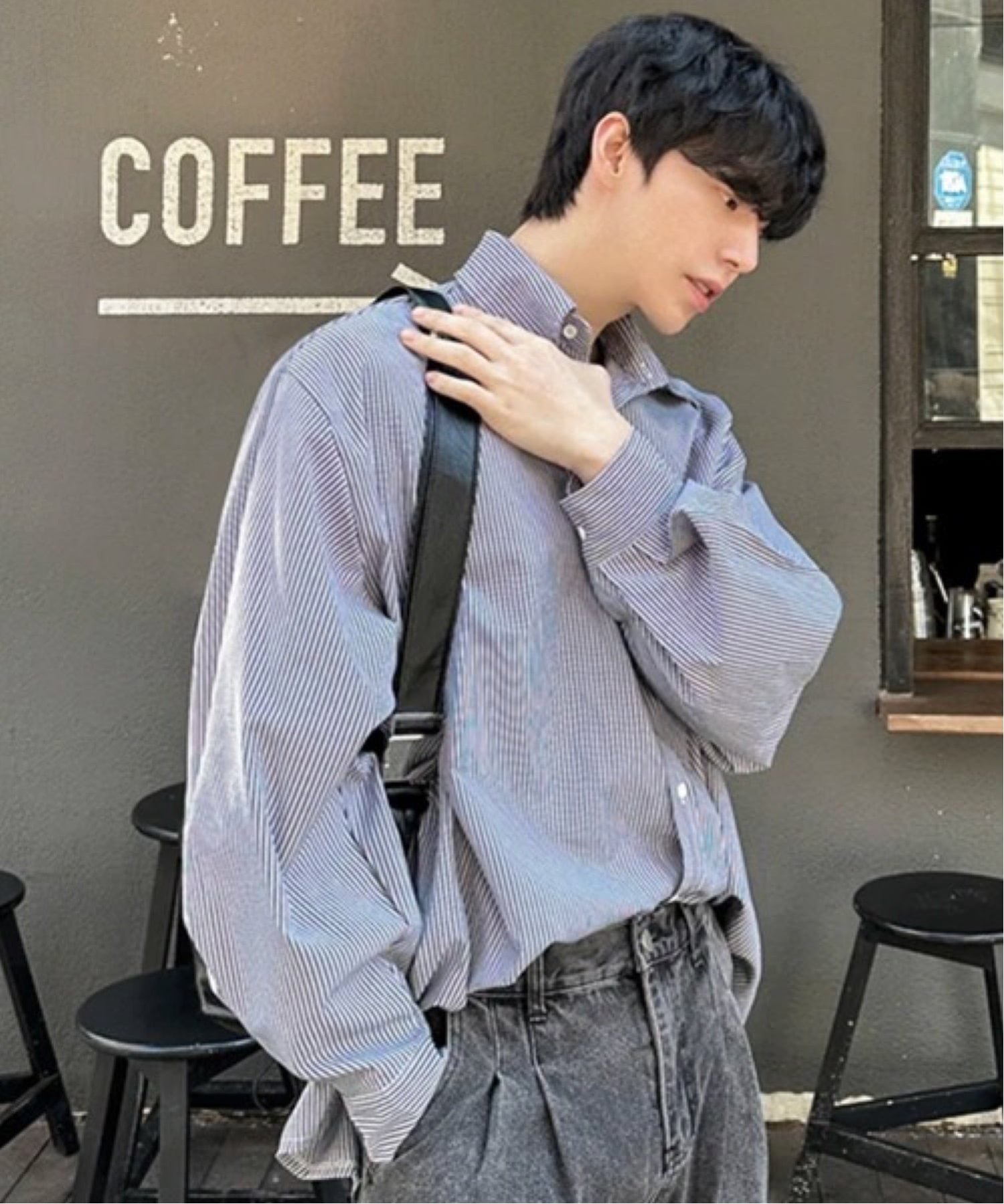 NOWLE NOWLE/(M)【NOWLE】ルーズシルエット ロンドンストライプ 長袖シャツ / ヴィンテージライク ピンストライプ レギュラーカラーシャツ チェルカ トップス シャツ・ブラウス ブラック