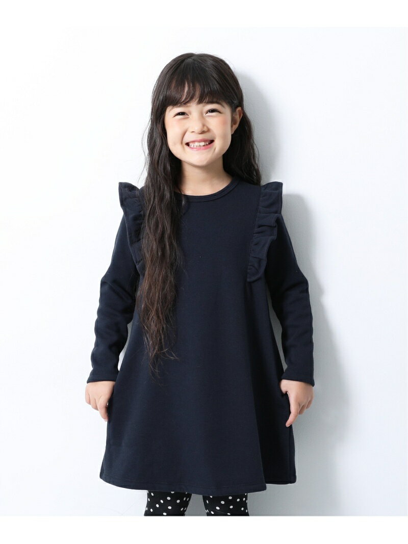 devirock 裏シャギー肩フリル ワンピース 裏起毛 女の子 ワンピース デビロックストア 子供服 キッズ デビロック ワンピース 長袖ワンピース ブルー ピンク ネイビー ブラック ブラウン パープル レッド