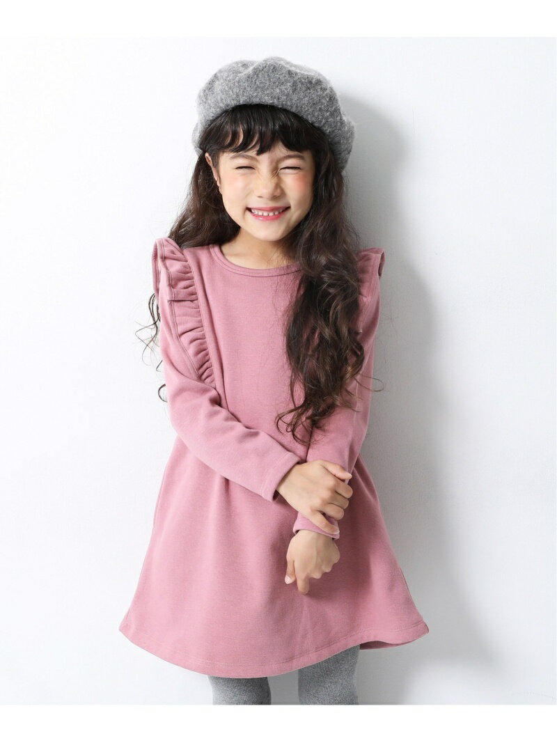 devirock 裏シャギー肩フリル ワンピース 裏起毛 女の子 ワンピース デビロックストア 子供服 キッズ デビロック ワンピース 長袖ワンピース ブルー ピンク ネイビー ブラック ブラウン パープル レッド