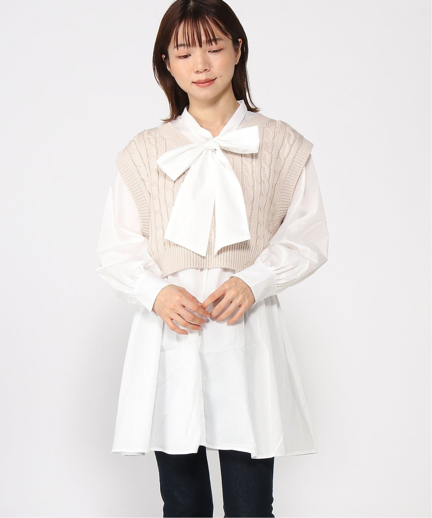 【SALE／27%OFF】INGNI 5GケーブルVNニットベスト+ボウタイOPセット イング トップス アンサンブル ベージュ ブラック ブラウン【送料無料】のサムネイル