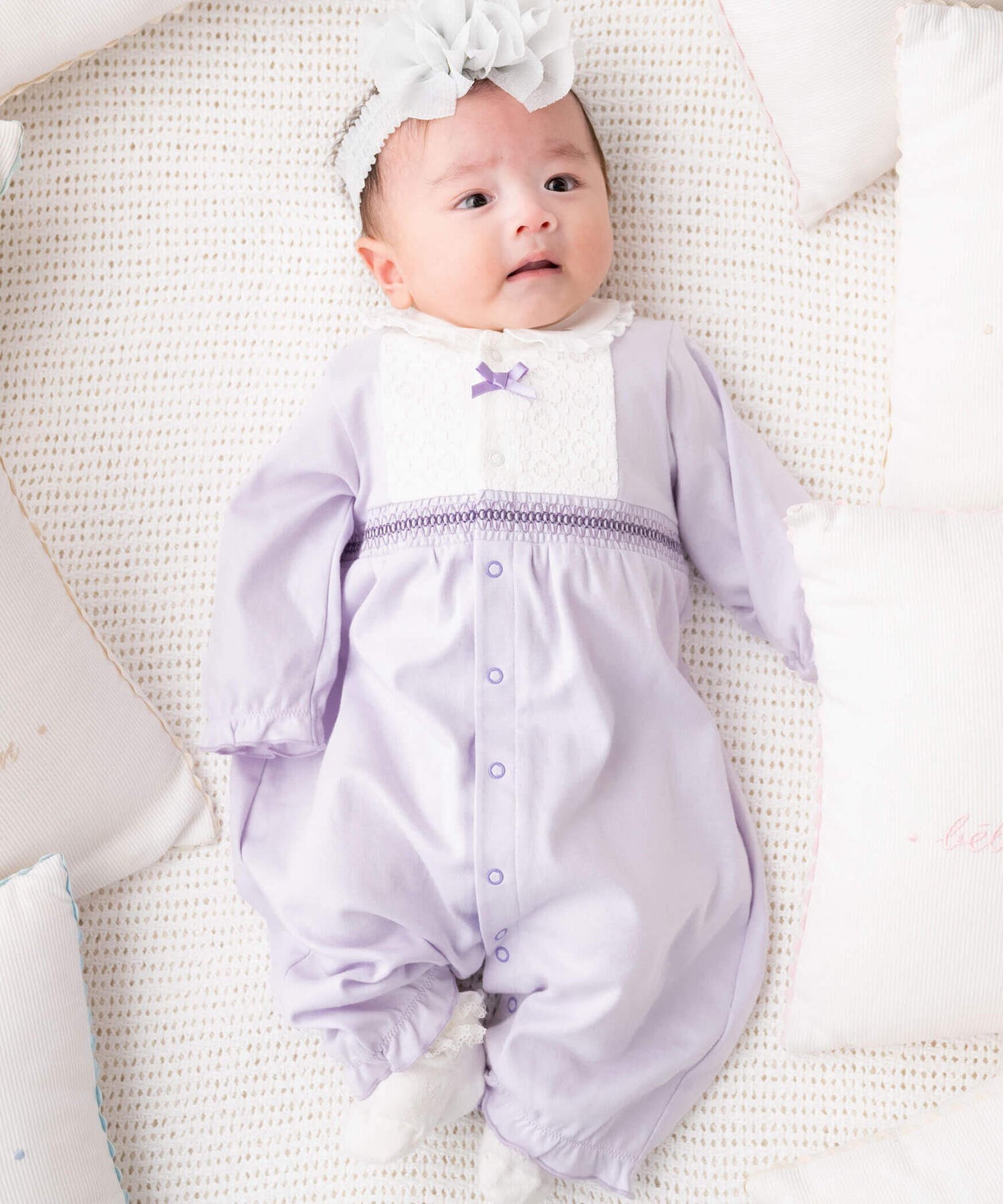 ベベ　ベビー服 fillot de bebe reduction スムースパリマルシスモッキング丸襟2WAYオール(50~75cm) ベベ オンライン ストア マタニティウェア・ベビー用品 ロンパース・カバーオール パープル ピンク【送料無料】