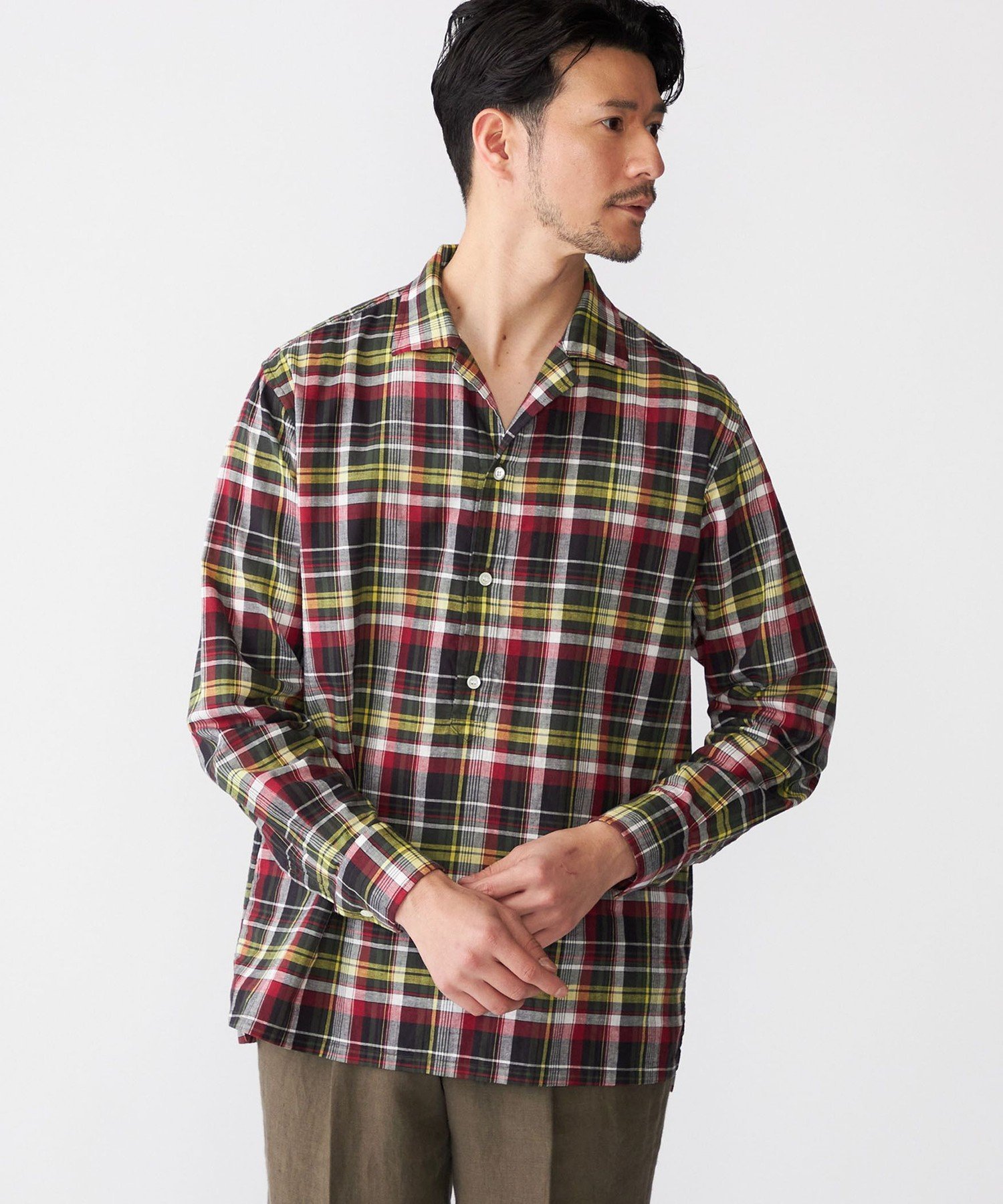 【SALE／70%OFF】SHIPS MEN SHIPS: オープンカラー コットン リネン マドラスチェック プルオーバー シャツ オリーブ シップス トップス シャツ・ブラウス グリーン【送料無料】