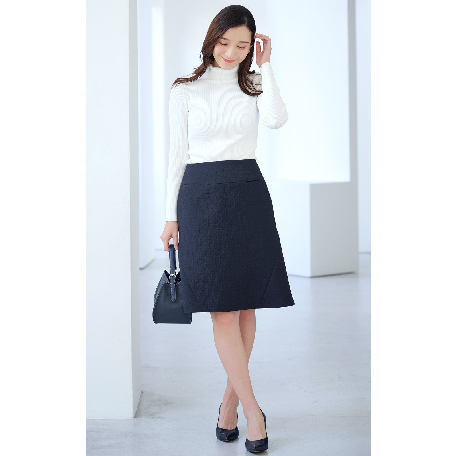 Kitamura オリジナルキルティングジャガードタックスカート KH0794 キタムラ スカート ミディアムスカート ベージュ ネイビー【送料無料】