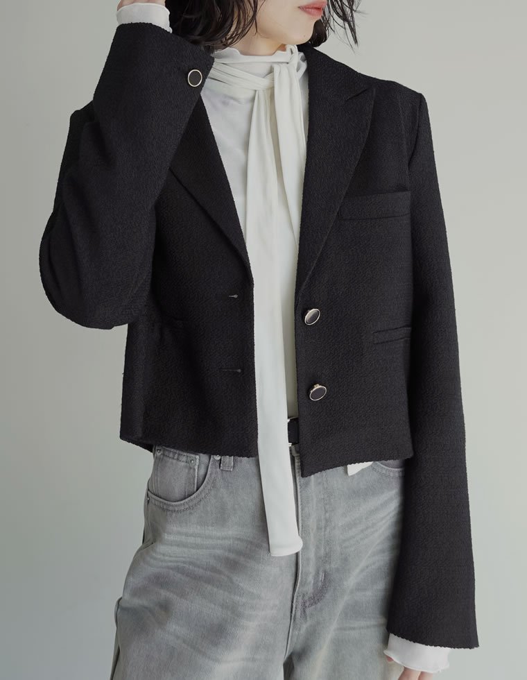 Re:EDIT ツイードクロップドテーラードジャケット リエディ ジャケット・アウター テーラードジャケット・ブレザー ブラック【送料無料】