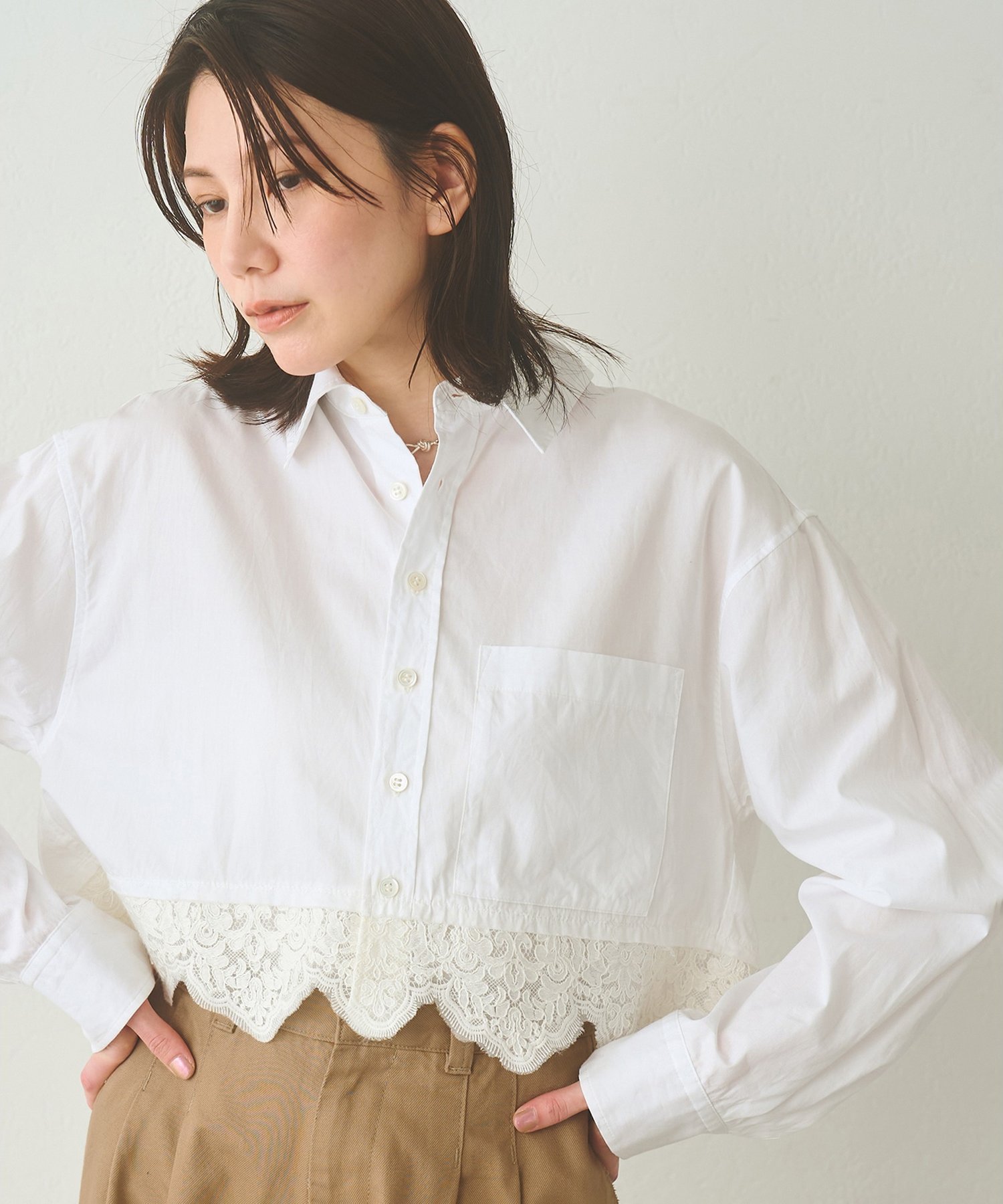 Whim Gazette レースコンビシャツ ウィム ガゼット トップス シャツ・ブラウス ベージュ ホワイト