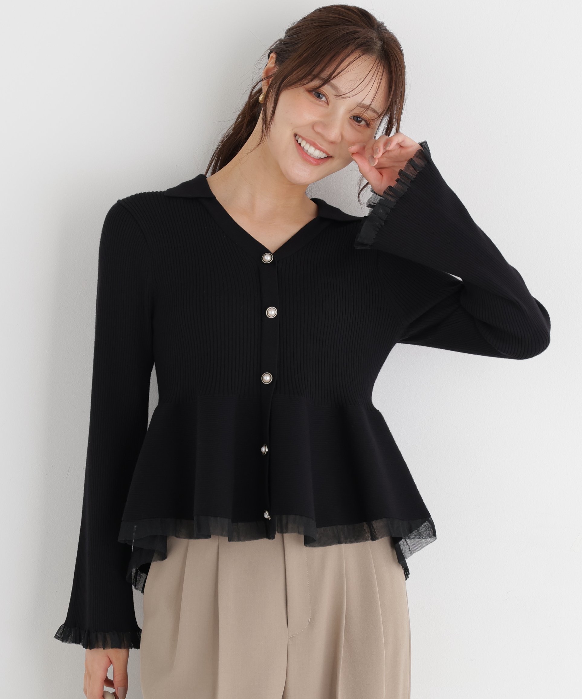 PROPORTION BODY DRESSING シアー切り替えペプラムニット プロポーションボディドレッシング トップス ニット ベージュ ブラック パープル ブラウン