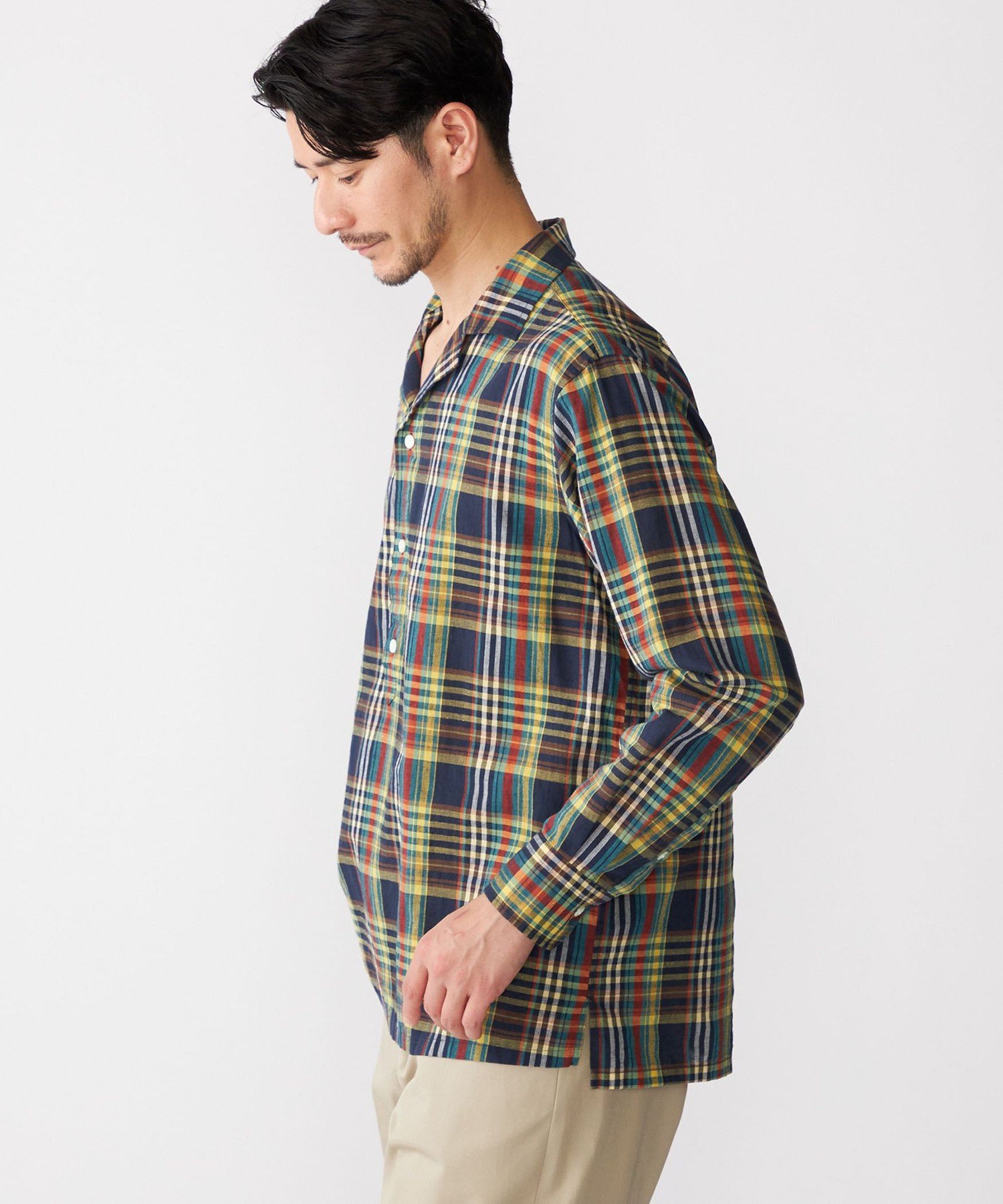 【SALE／70%OFF】SHIPS MEN SHIPS: オープンカラー コットン リネン マドラスチェック プルオーバー シャツ ブルー シップス トップス シャツ・ブラウス ブルー【送料無料】
