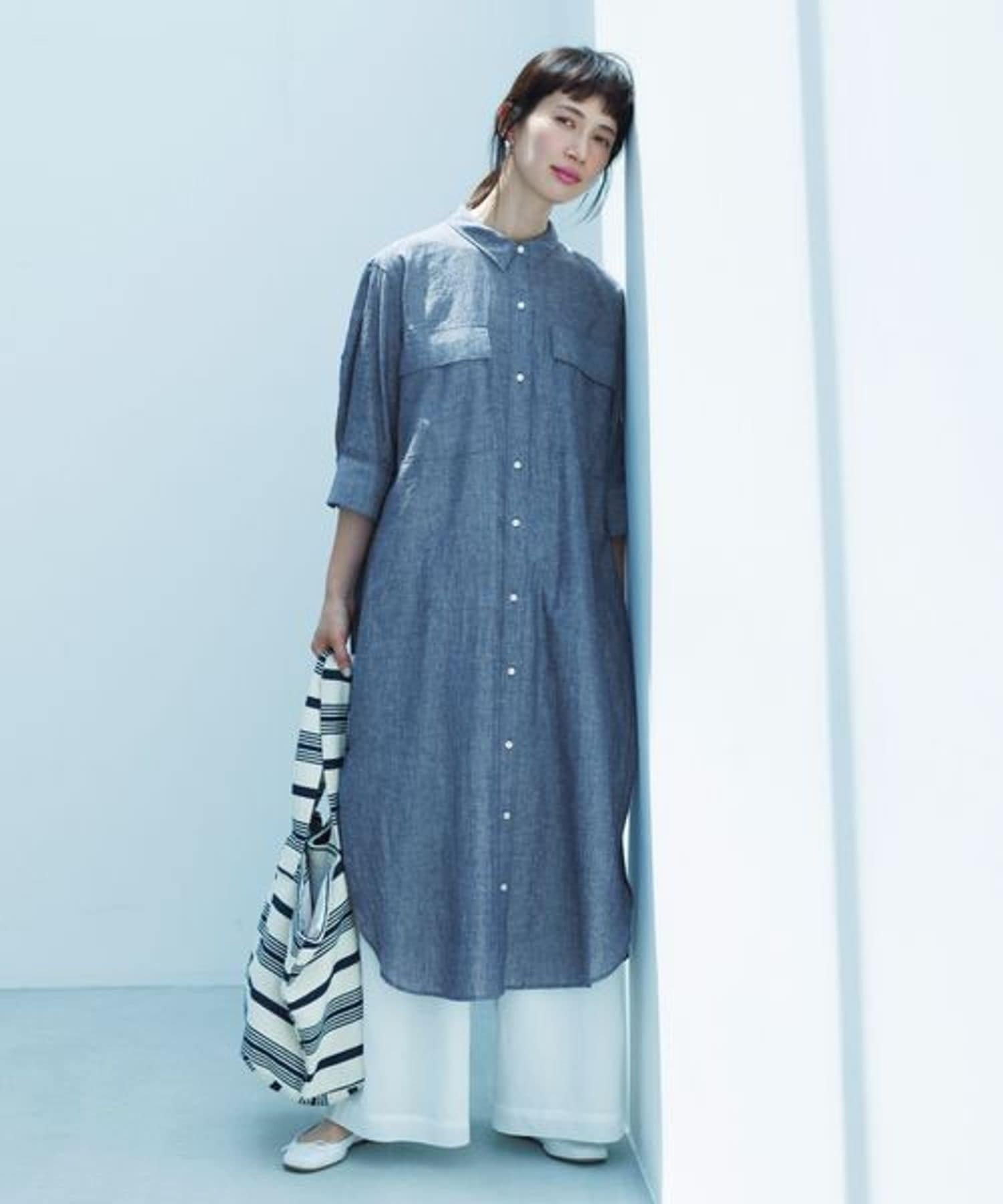 【SALE／50%OFF】natural by clip 《natural by clip》リネンコットンシャンブレーシャツワンピース スタディオクリップ ワンピース・ドレス ワンピース ホワイト ネイビー【送料無料】のサムネイル