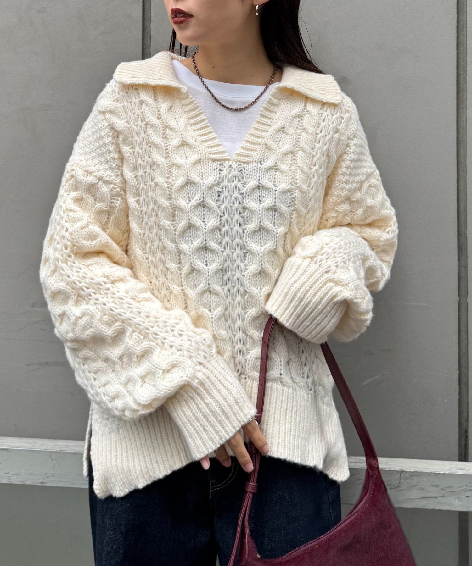 【SALE／10%OFF】CIAOPANIC TYPY スキッパー襟付きケーブルニット チャオパニックティピー トップス ニット グレー ブラウン ブルー ホワイト【送料無料】のサムネイル