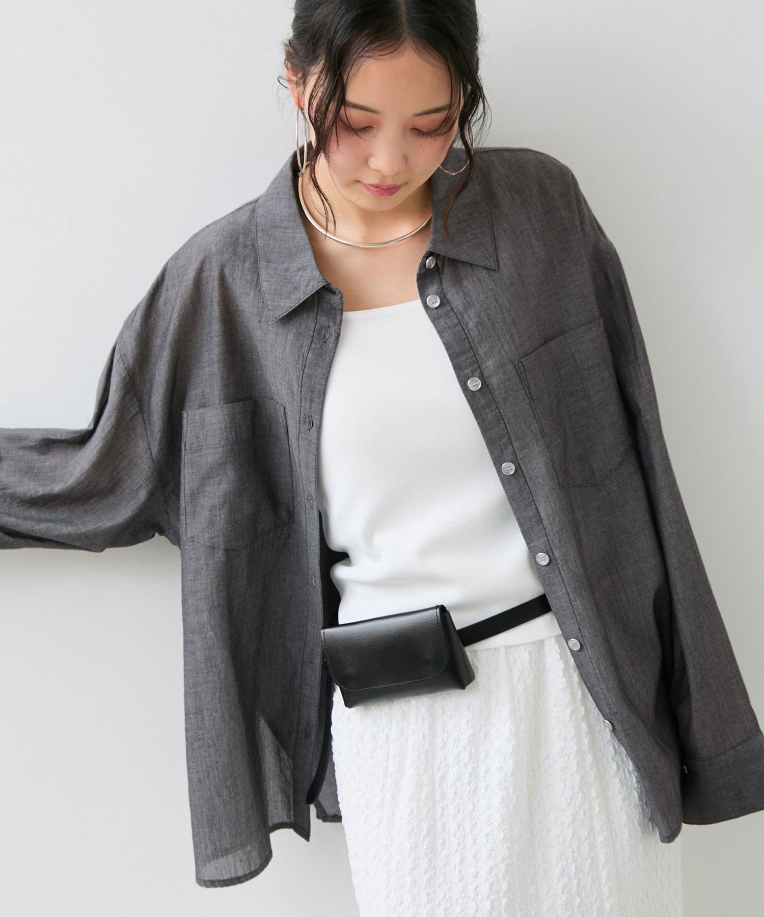 VIS シアーデニムシャツ ビス トップス シャツ・ブラウス ブラック ネイビー