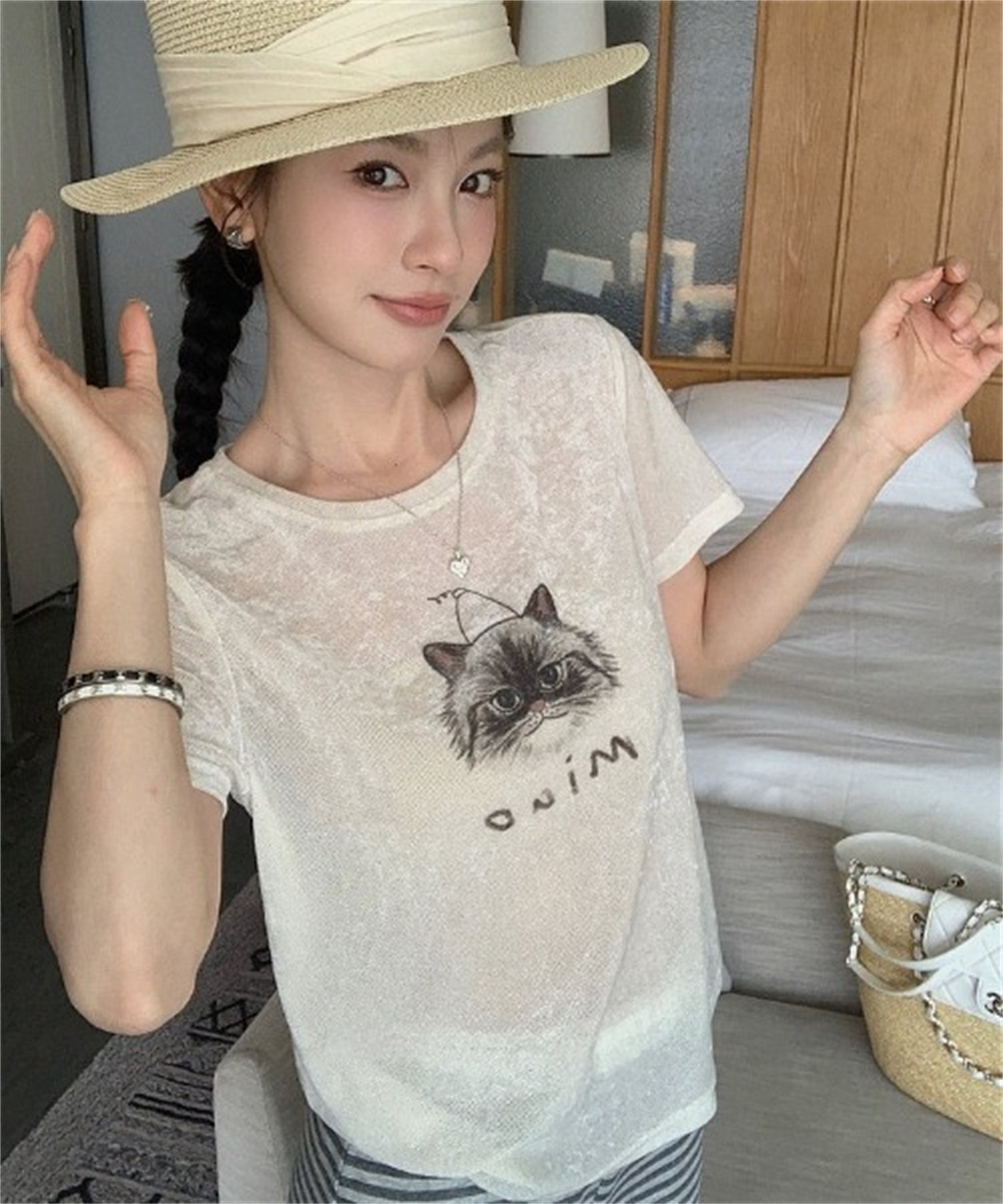 CHUN CHUN NOTES 26SS/シアーフロッキーキャットプリントTシャツ ディアベル トップス カットソー・Tシャツ ホワイト