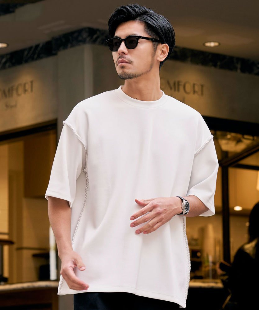 CavariA クルーネック ポンチカラーステッチ半袖Tシャツ シルバーバレット トップス カットソー・Tシャツ ブラック グレー ホワイト