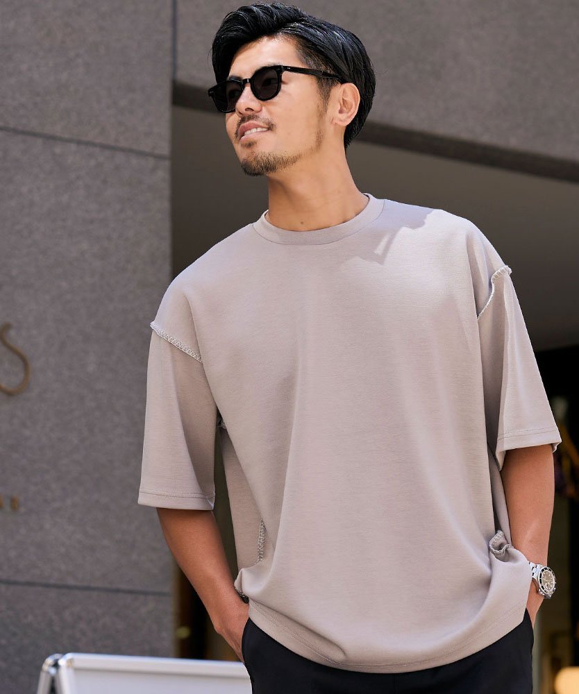 CavariA クルーネック ポンチカラーステッチ半袖Tシャツ シルバーバレット トップス カットソー・Tシャツ ブラック グレー ホワイト