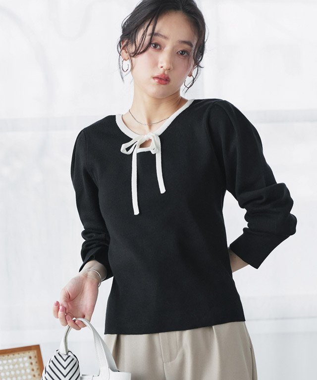 Pierrot 前後2wayパフスリーブニット ピエロ トップス ニット ブラック