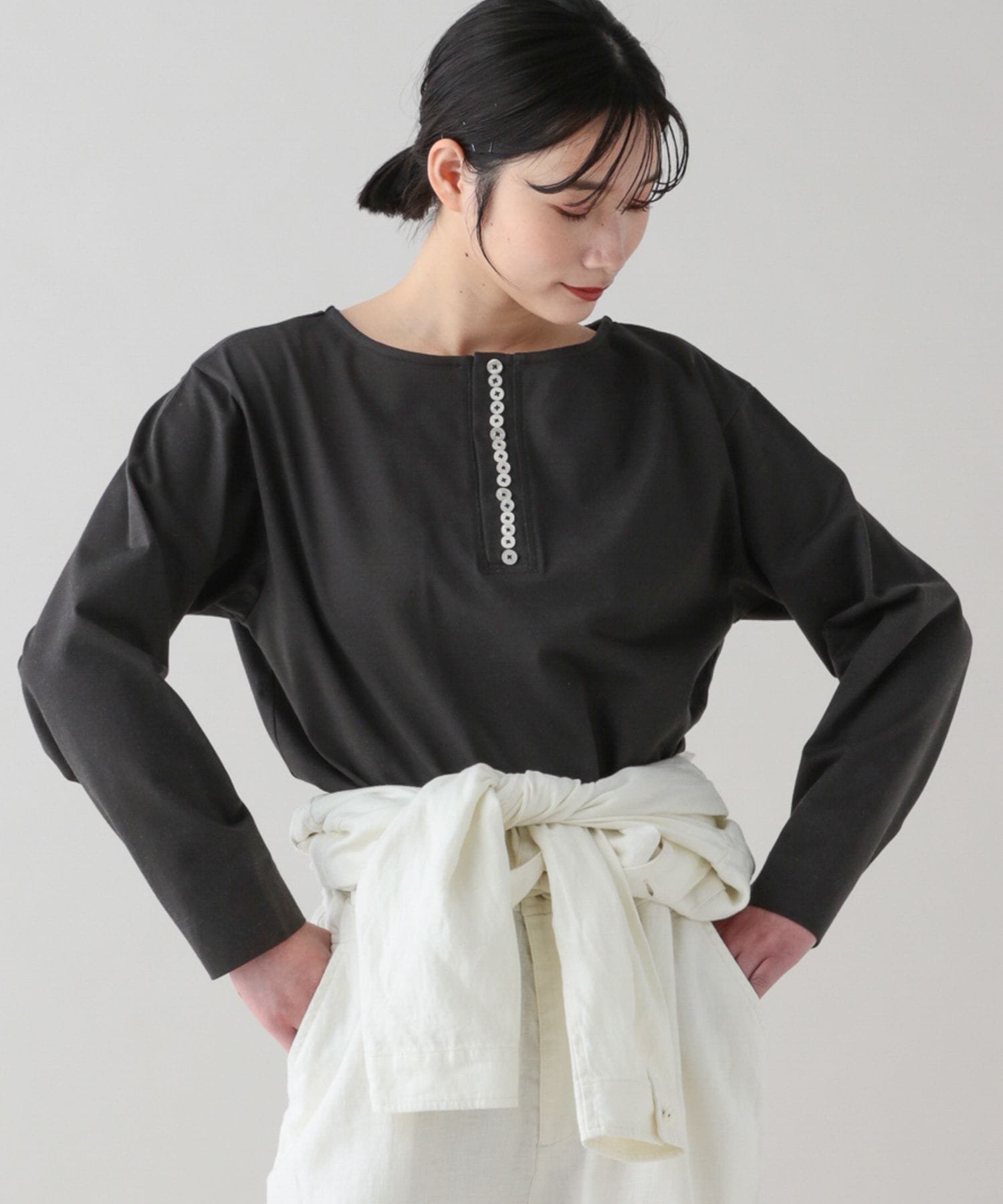 natural by clip 《natural by clip》コットンメニーボタンヘンリープルオーバー スタディオクリップ トップス カットソー・Tシャツ ホワイト グレー