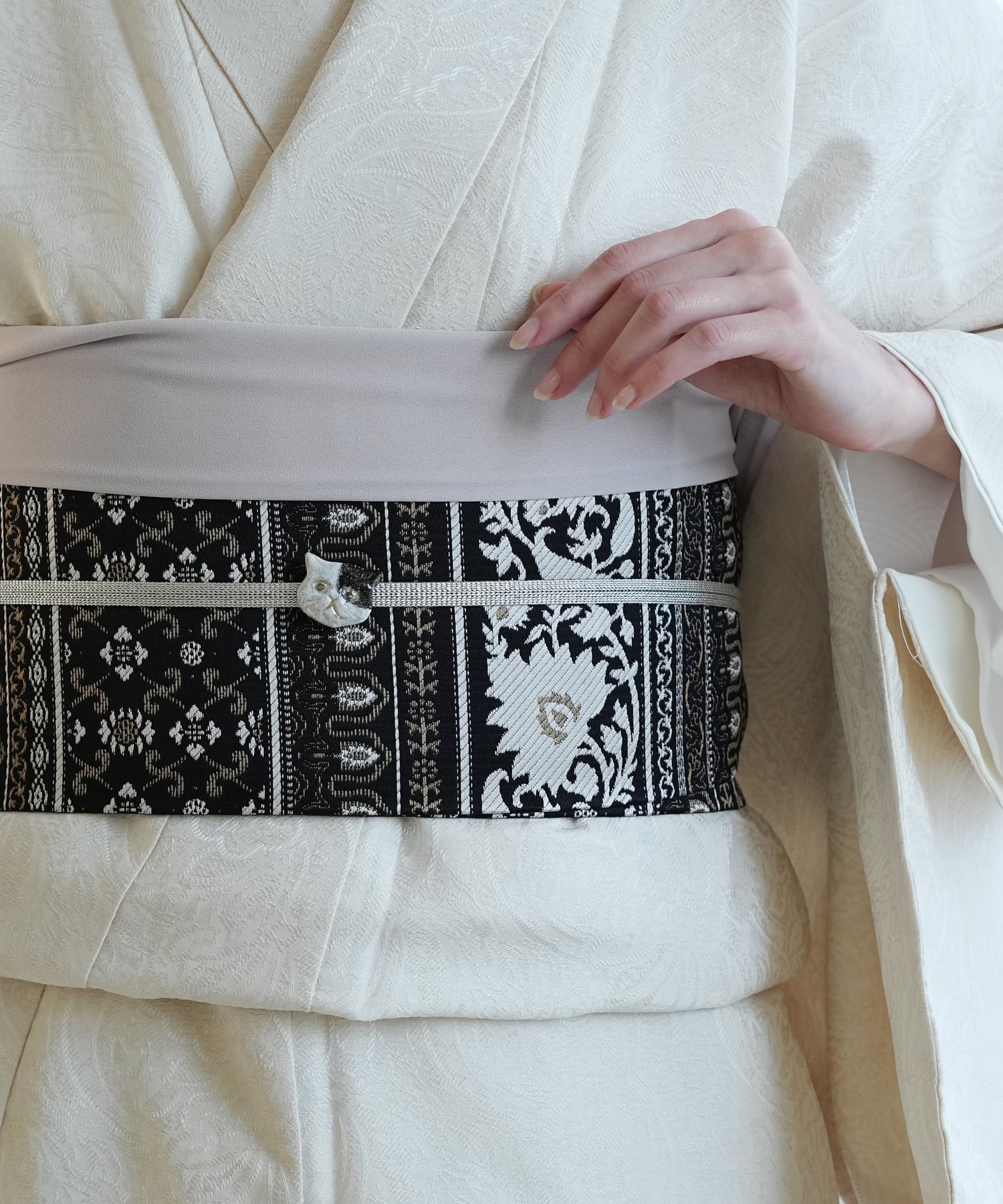 utatane utatane 博多織 小袋帯 正絹 リバーシブル インド更紗献上 茶*ベージュ ウタタネ 着物・浴衣・..