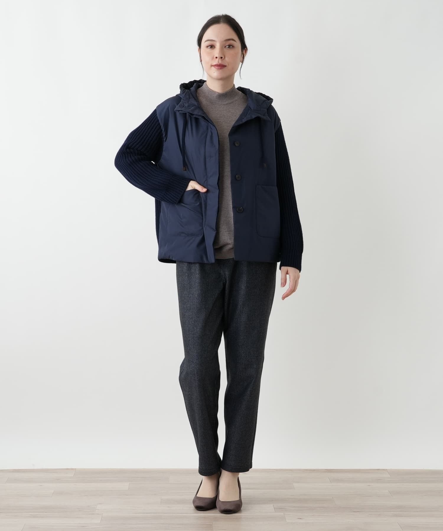 Leilian PLUS HOUSE ブルゾン【TRICOT PERUGIA】 レリアン プラスハウス ジャケット・アウター ブルゾン・ジャンパー ネイビー ベージュ