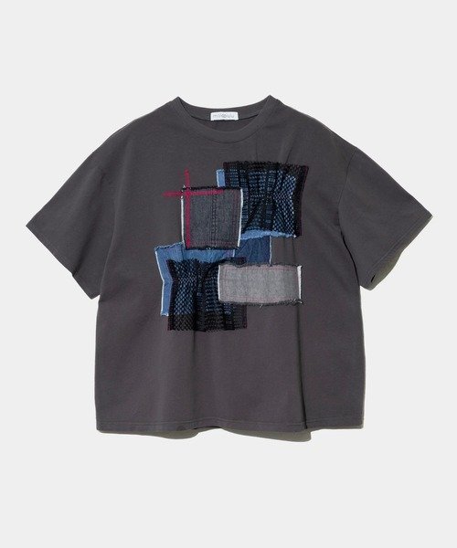 GSC WOMENS SELECT mililopiulu/ミリロピュール レースMIXデニムパッチTEE (WOMENS) ゴースローキャラバン トップス カットソー・Tシャツ グレー ホワイト
