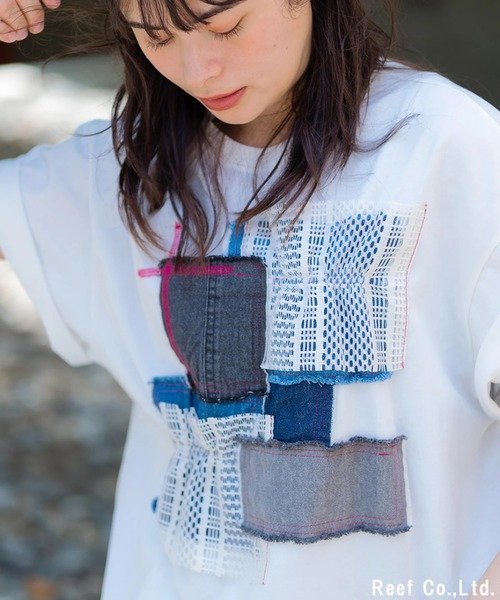 GSC WOMENS SELECT mililopiulu/ミリロピュール レースMIXデニムパッチTEE (WOMENS) ゴースローキャラバン トップス カットソー・Tシャツ グレー ホワイト