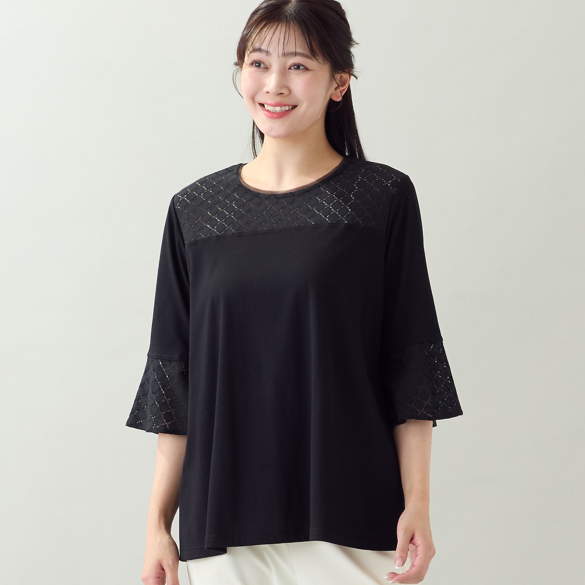 missel 【洗える・アンサンブル可・L~4Lサイズ】サークルレースカットソー ミゼール トップス カットソー・Tシャツ ブラック