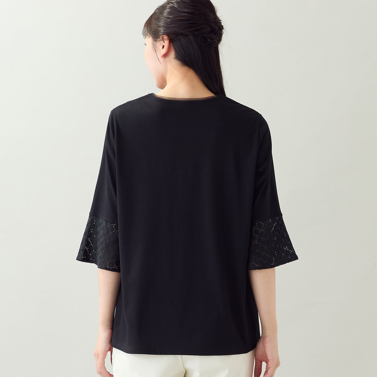 missel 【洗える・アンサンブル可・L~4Lサイズ】サークルレースカットソー ミゼール トップス カットソー・Tシャツ ブラック