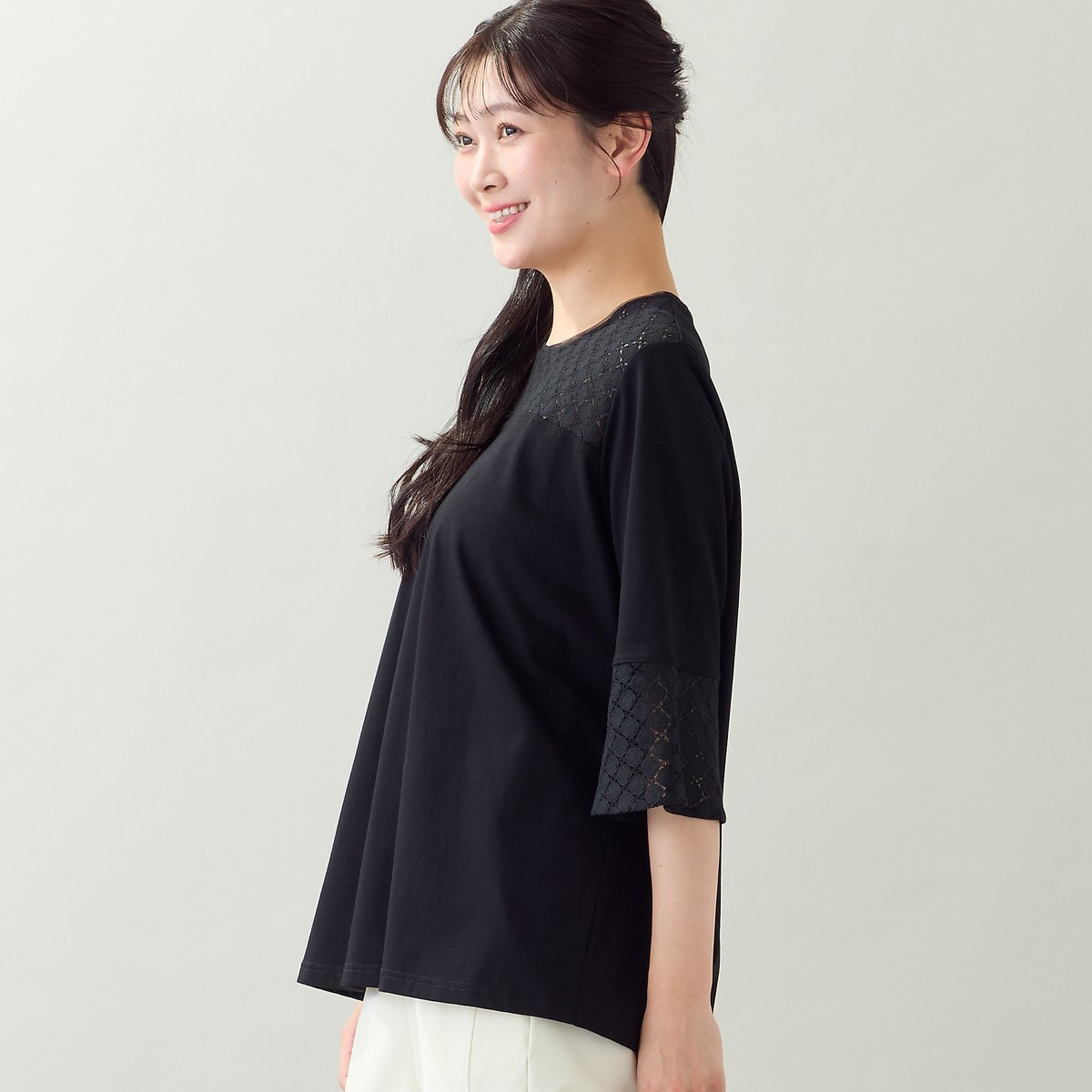 missel 【洗える・アンサンブル可・L~4Lサイズ】サークルレースカットソー ミゼール トップス カットソー・Tシャツ ブラック