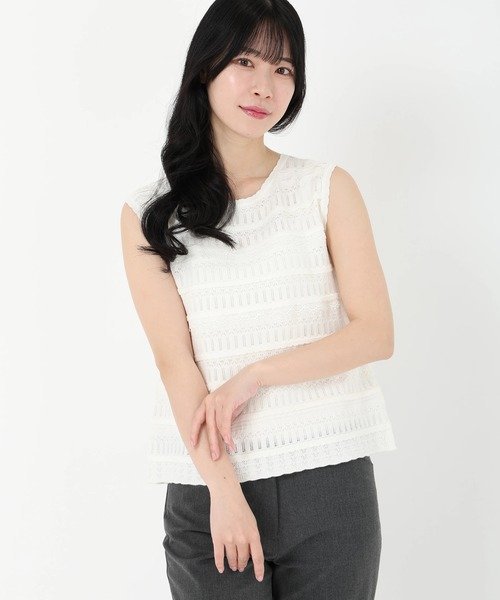 【SALE／50%OFF】STRAWBERRY-FIELDS 細巾レース*レース編みニット ストロベリーフィールズ トップス ニット ブラック ホワイト【送料無料】