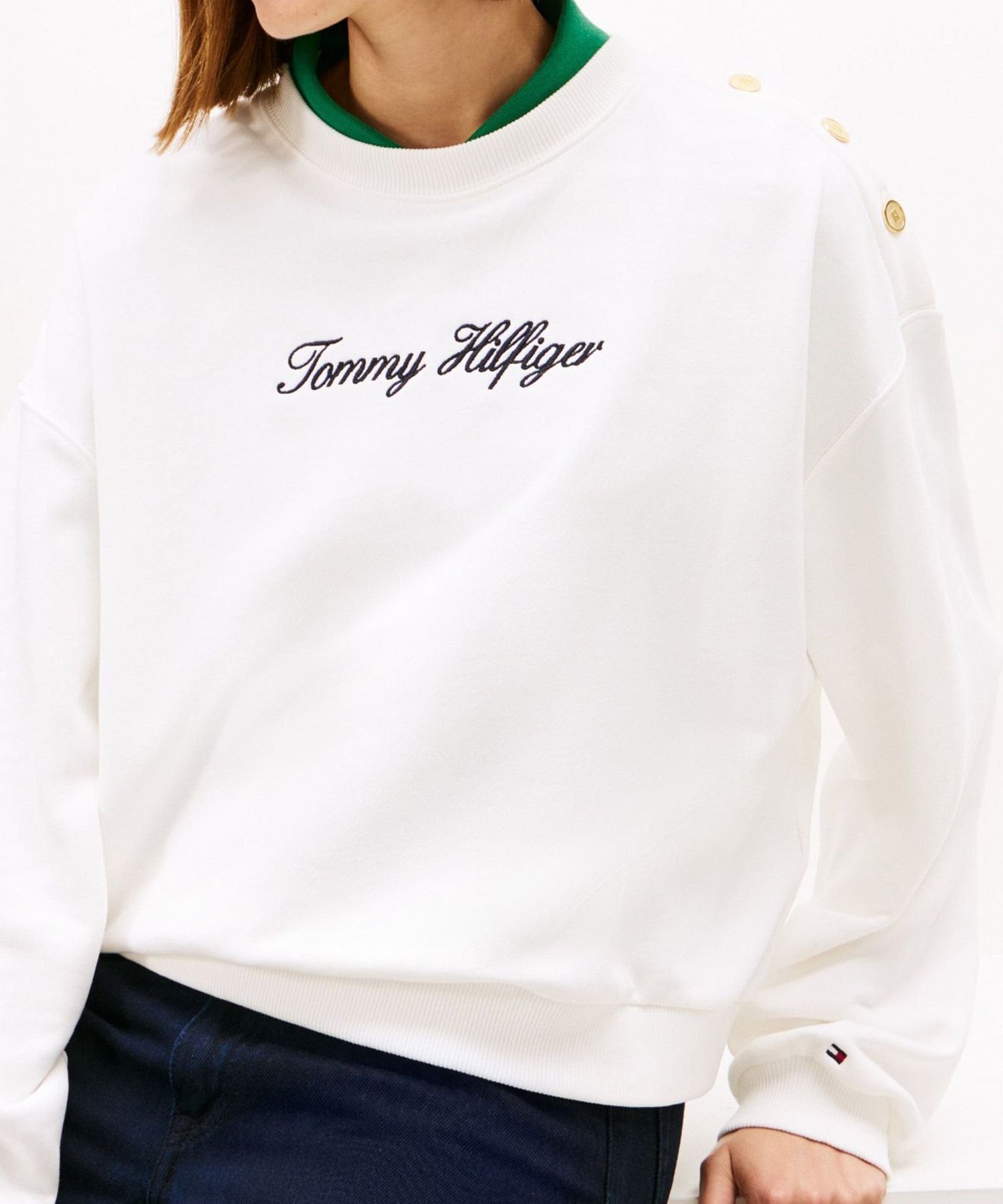TOMMY HILFIGER ゴールドボタンスクリプトテリースウェットシャツ トミーヒルフィガー トップス スウェット・トレーナー ホワイト【送料無料】