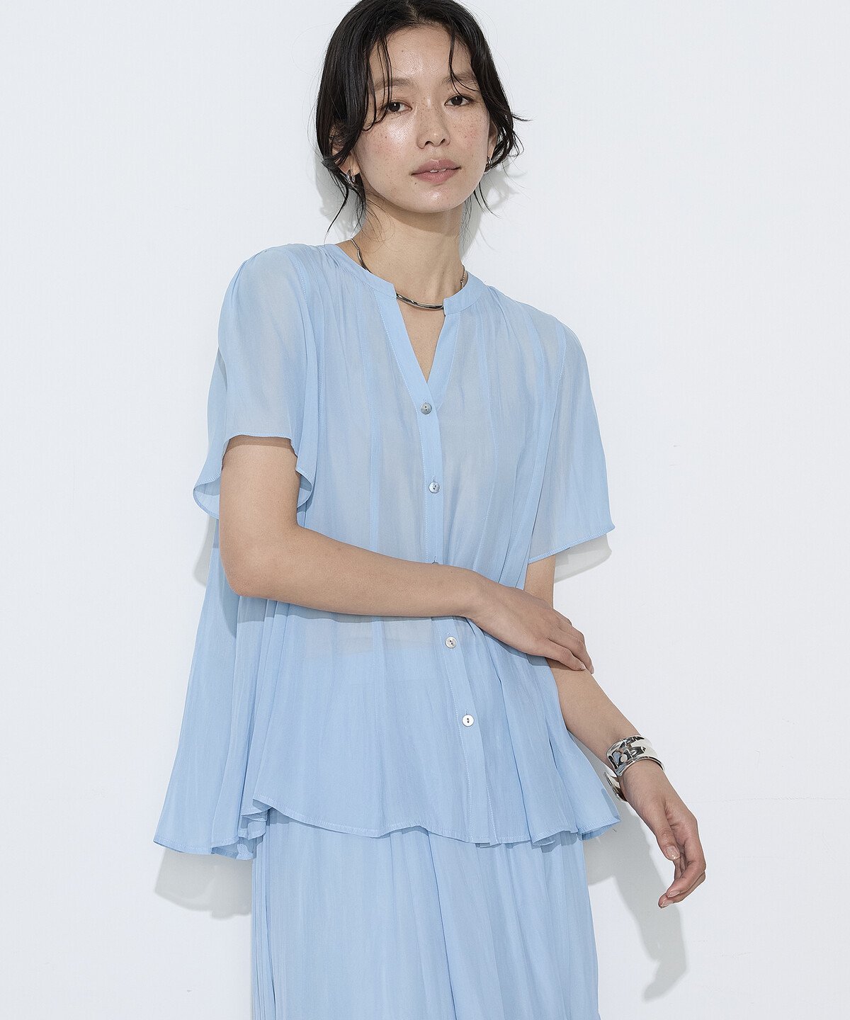 K.T KIYOKO TAKASE 【セットアップ対応】カッセンシフォンオーガンジー フレアブラウス コムサ トップス シャツ・ブラウス グレー ブルー ベージュ
