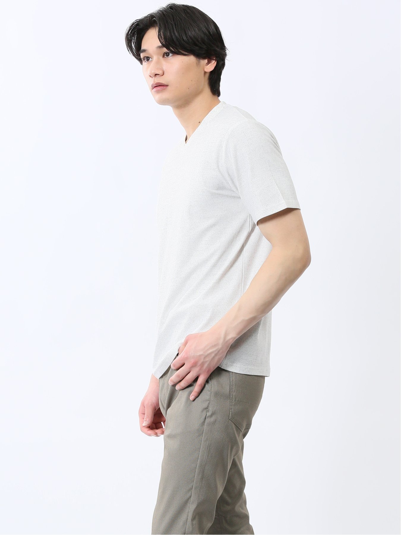 TAKA-Q メッシュ かすれプリント Vネック半袖Tシャツ タカキュー トップス カットソー・Tシャツ グレー ネイビー