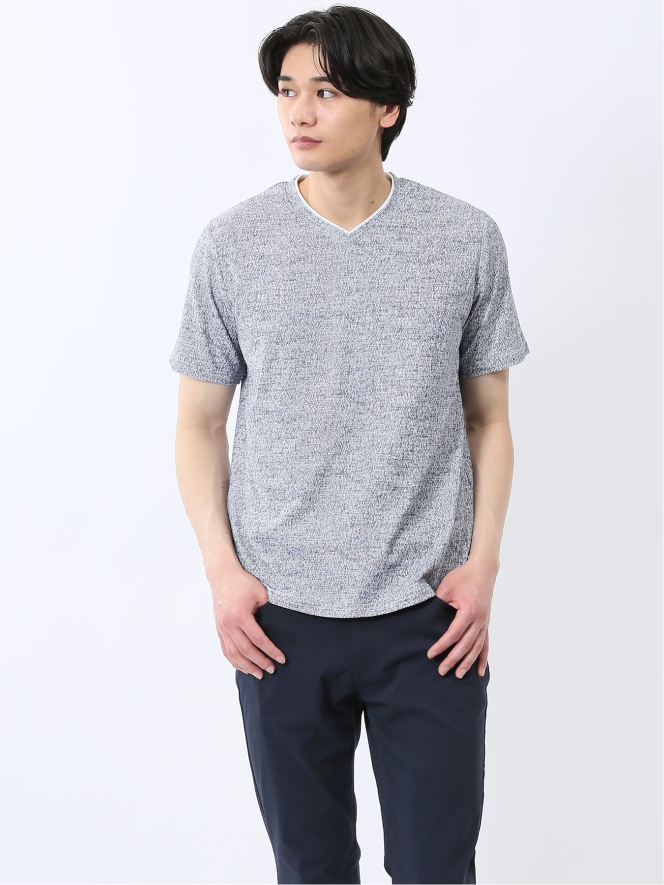 TAKA-Q メッシュ かすれプリント Vネック半袖Tシャツ タカキュー トップス カットソー・Tシャツ グレー ネイビー