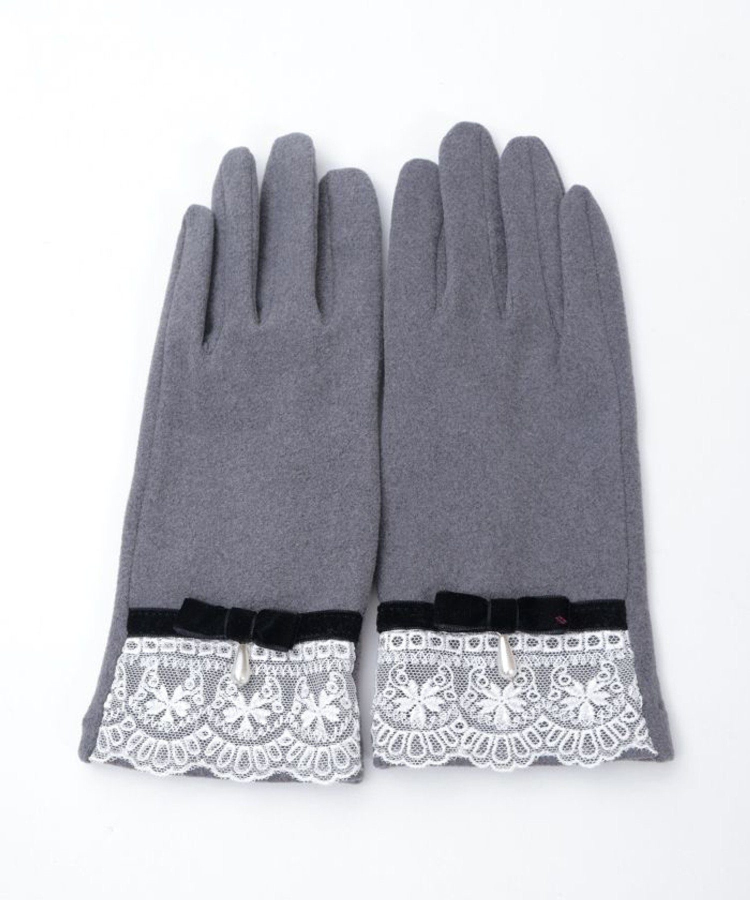 axes femme レース使いベロアリボン手袋 アクシーズファム ファッション雑貨 手袋 グリーン グレー ワ..