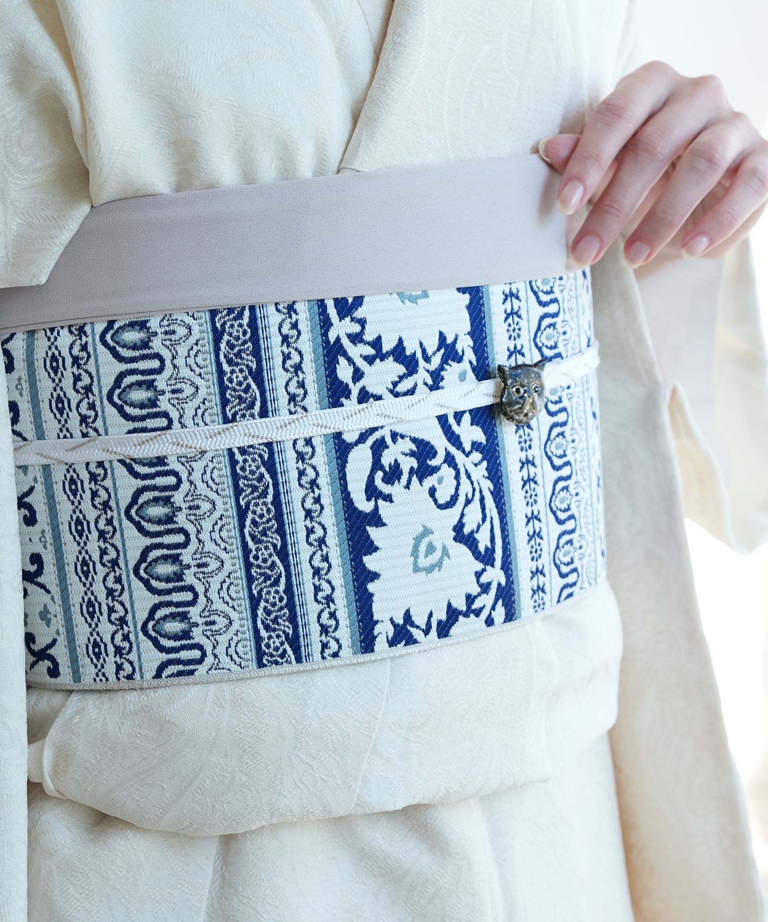 utatane utatane 博多織 小袋帯 正絹 リバーシブル インド更紗献上 ホワイト ウタタネ 着物・浴衣・和..