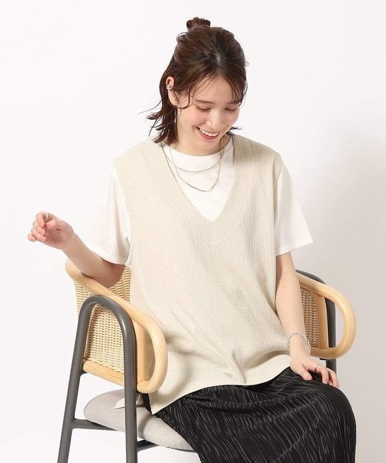 【SALE／10%OFF】SHOO・LA・RUE 【洗える/2点セット】ポコポコVネックベスト+Tシャツ シューラルー トップス アンサンブル グレー ブラック グリーン ブルー