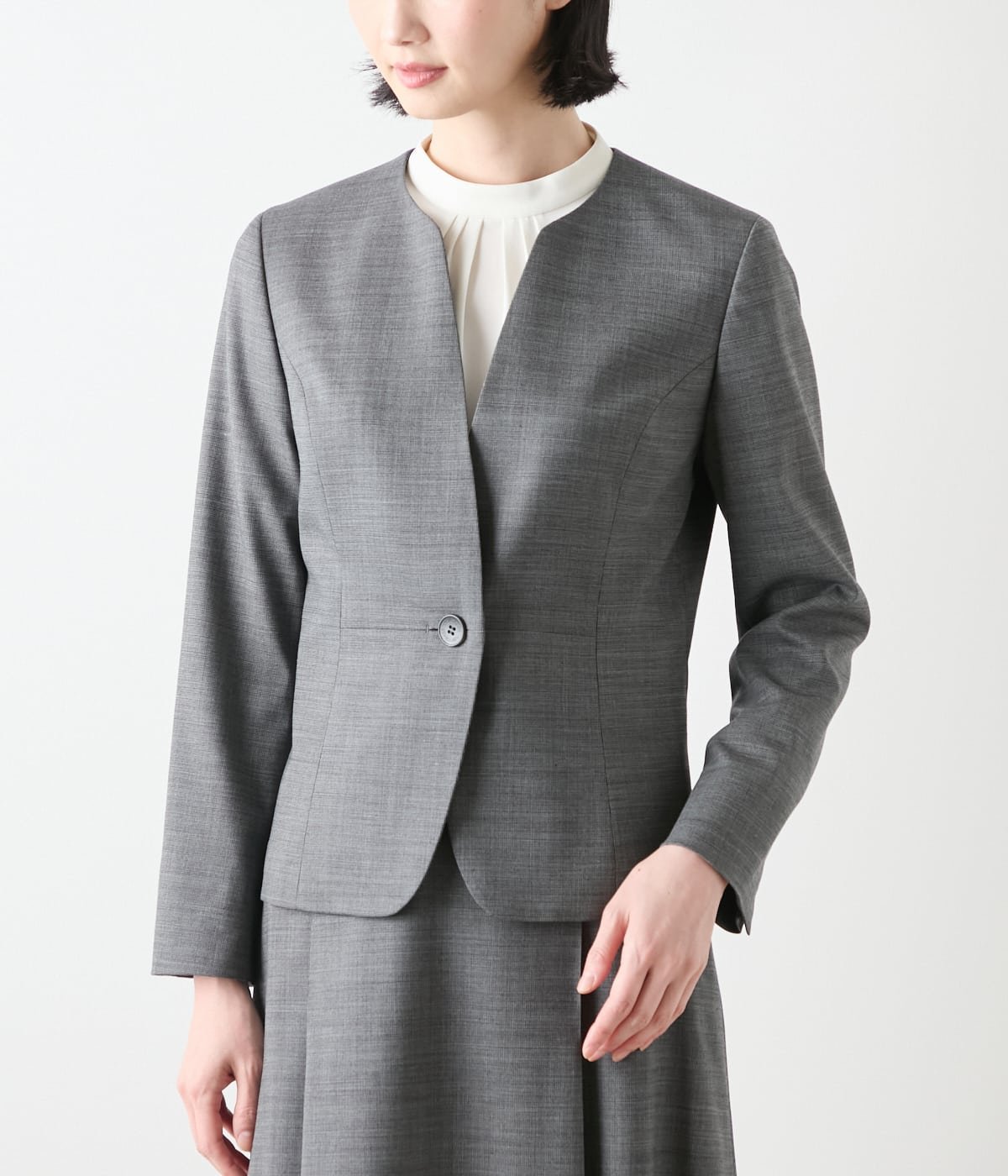 NEWYORKER WOMEN ウールシルクピンヘッド ノーカラー1釦ジャケット ニューヨーカー ジャケット・アウター テーラードジャケット・ブレザー ネイビー グレー
